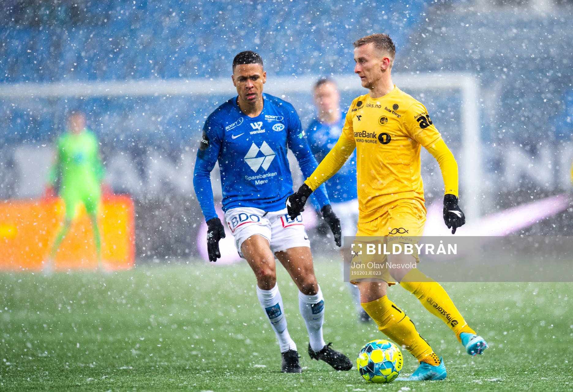 Mathis Bolly of Molde and Erlend Dahl Reitan of Bodø/Glimt during the Eliteserien match between Molde and Bodø/Glimt on December 1, 2019 in Molde.