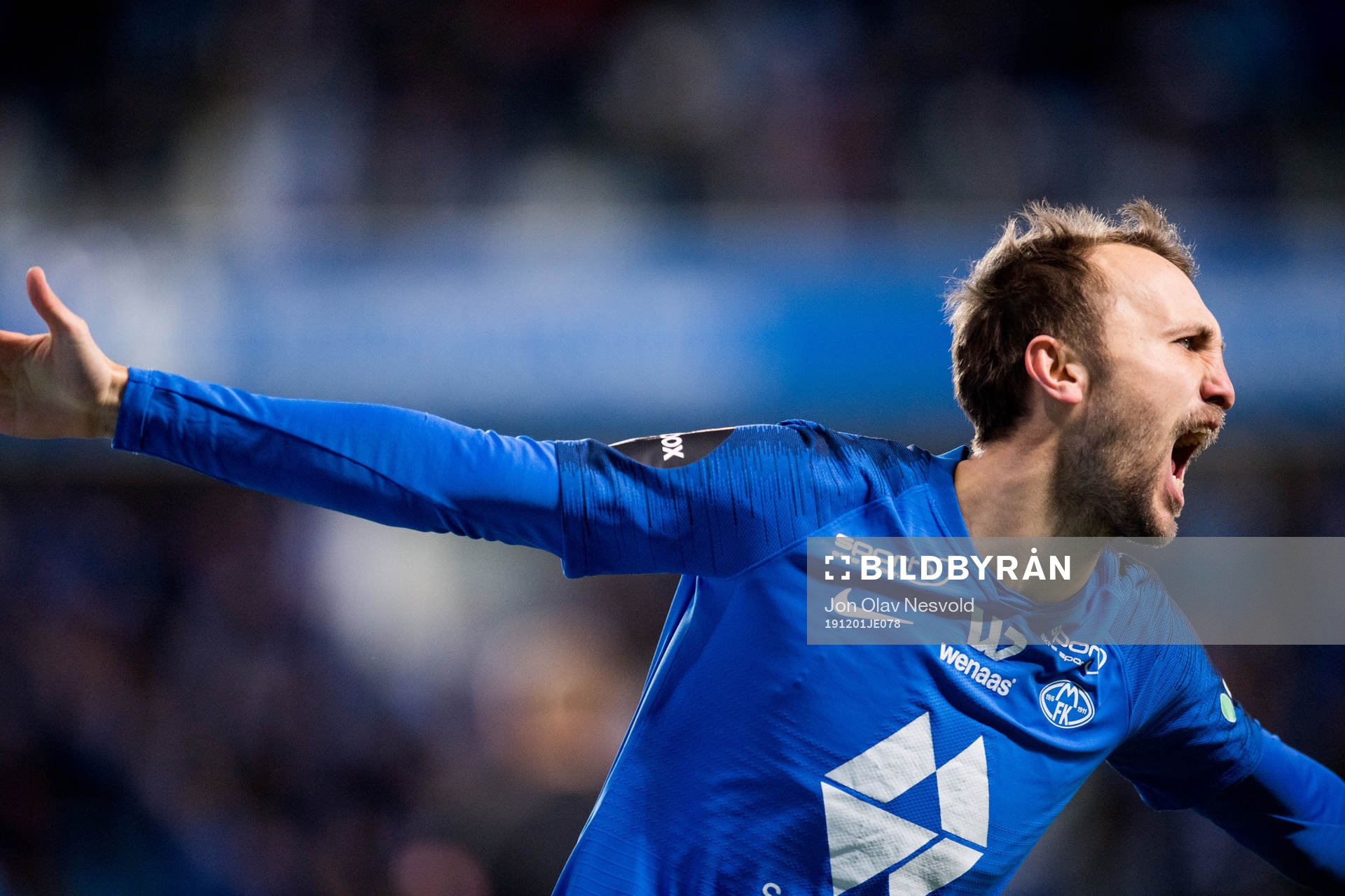 Magnus Eikrem of Molde celebrates after scoring the 3-1 goal during the Eliteserien match between Molde and Bodø/Glimt on December 1, 2019 in Molde.