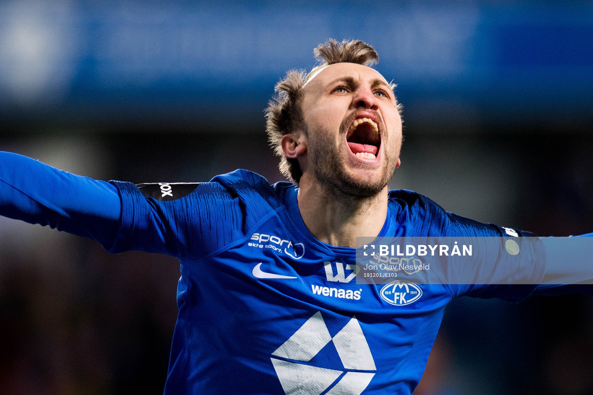 Magnus Eikrem of Molde celebrates after scoring the 3-1 goal during the Eliteserien match between Molde and Bodø/Glimt on December 1, 2019 in Molde.