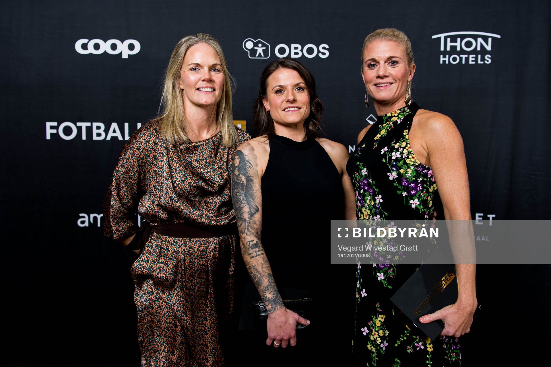Ingrid Hjelmseth, Trine Rønning and Solveig Gulbrandsen arrive ahead of Fotballfesten on December 2, 2019 in Oslo.