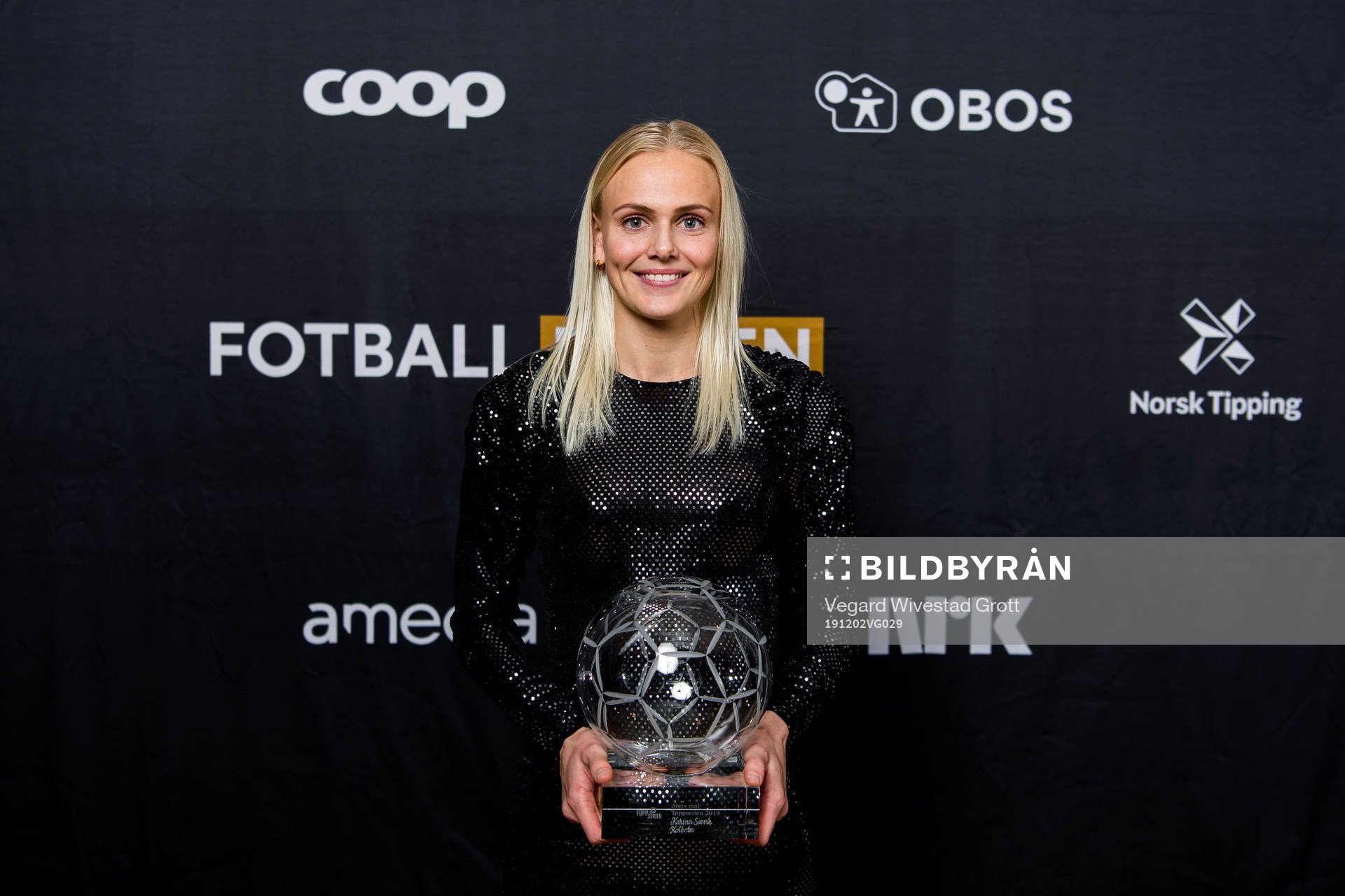 Karina Sævik of Kolbotn poses for a portrait with the award for the goal of the year in Toppserien during Fotballfesten on December 2, 2019 in Oslo.