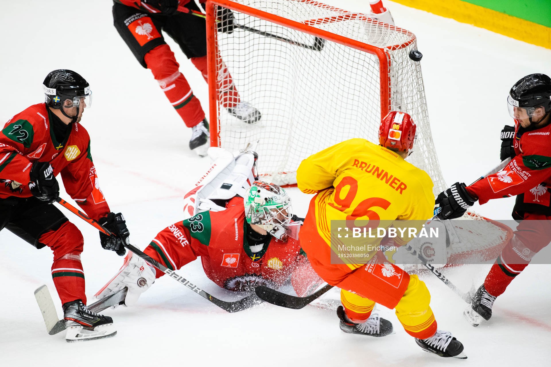 Goalkeeper Johan Mattsson of Frölunda saves a shot from