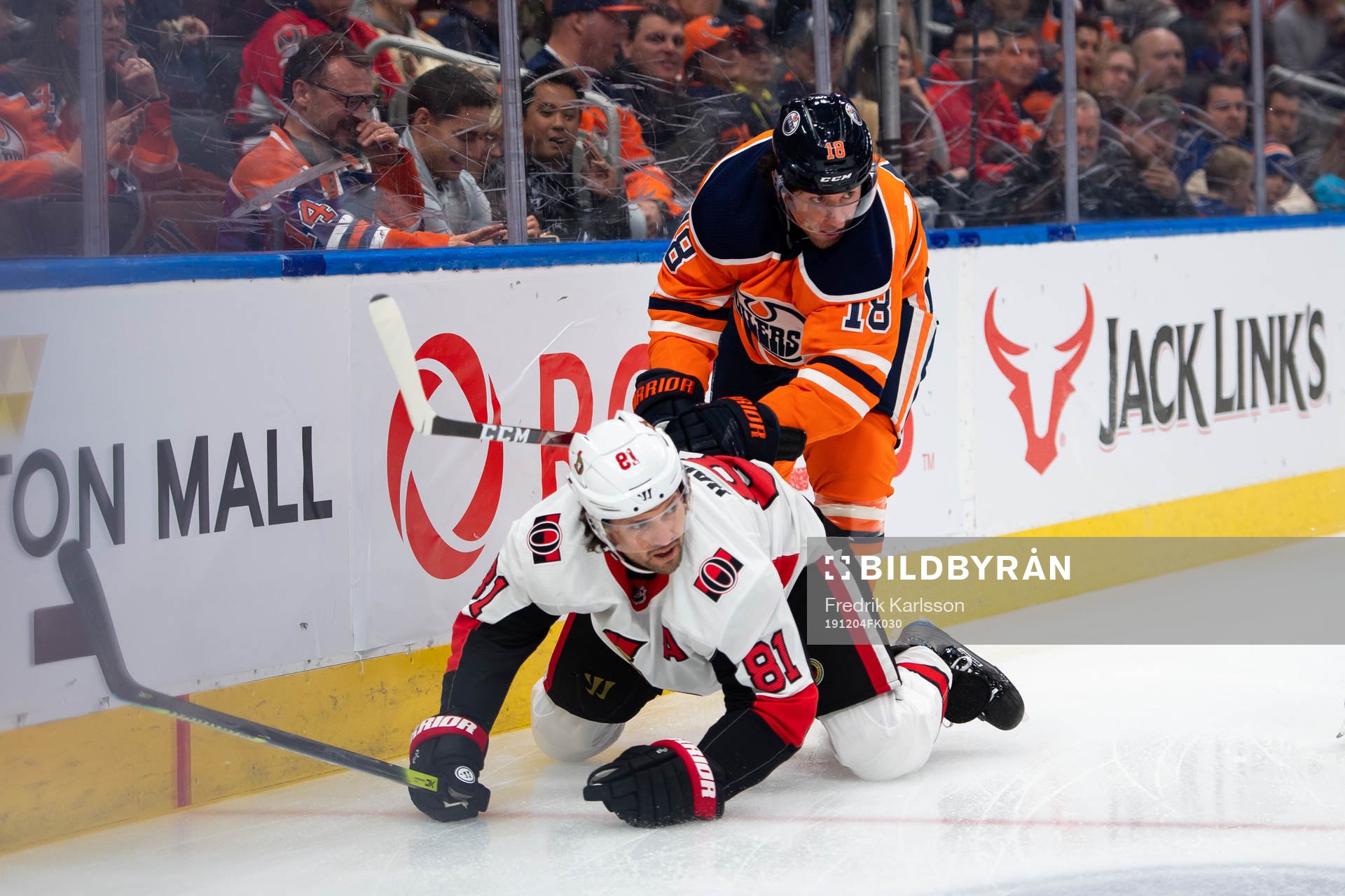 Ron Hainsey of the Ottawa Senators and James Neal of the