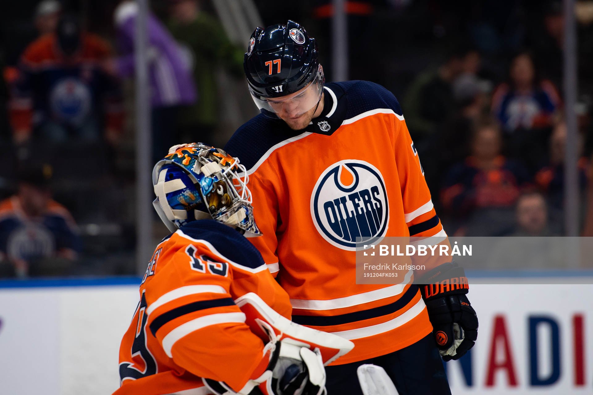 Oscar Klefbom of the Edmonton Oilers with goaltender Mikko