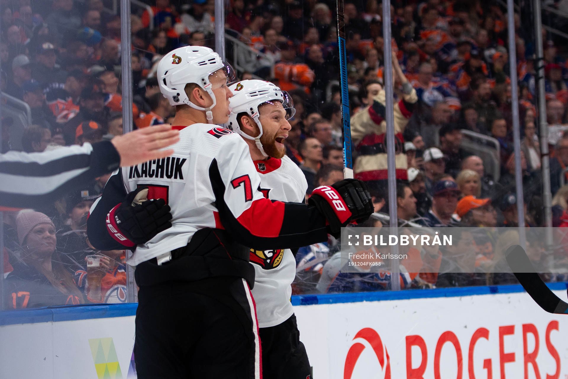 Brady Tkachuk and Connor Brown of the Ottawa Senators