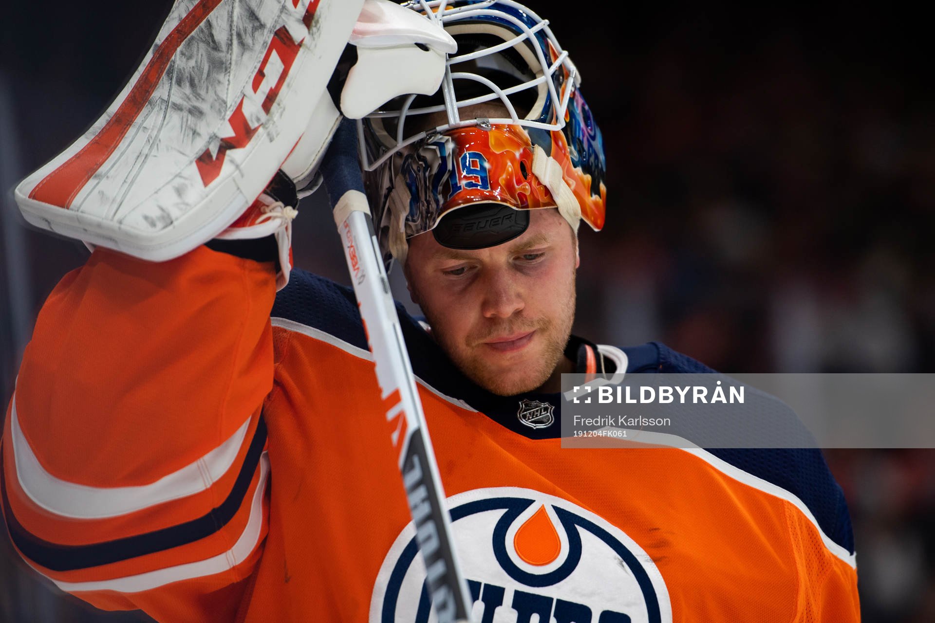 goaltender Mikko Koskinen of the Edmonton Oilers looks