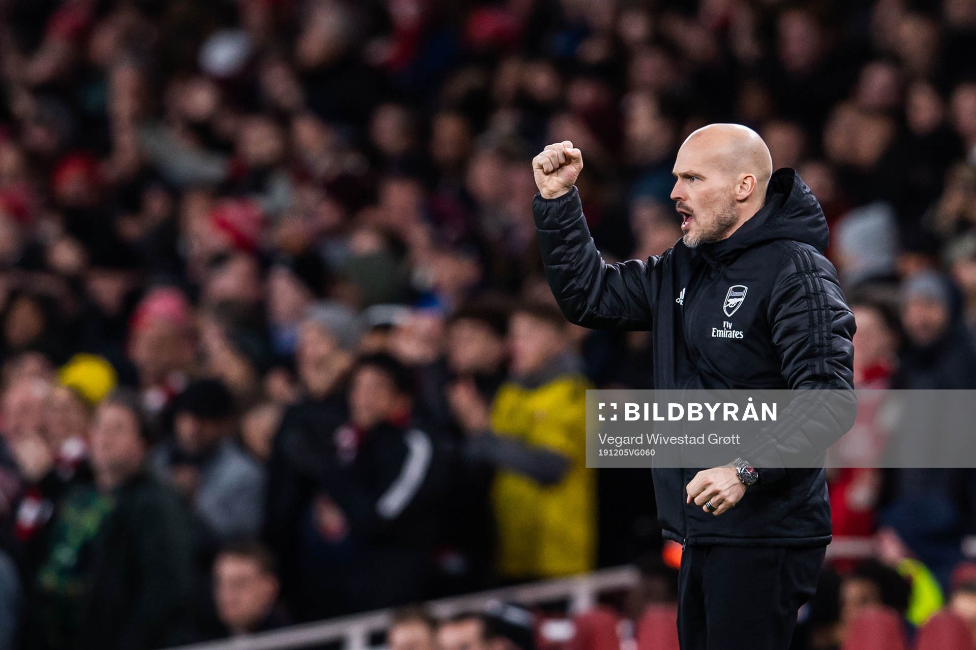 Fredrik Ljungberg, interim manager of Arsenal, celebrates