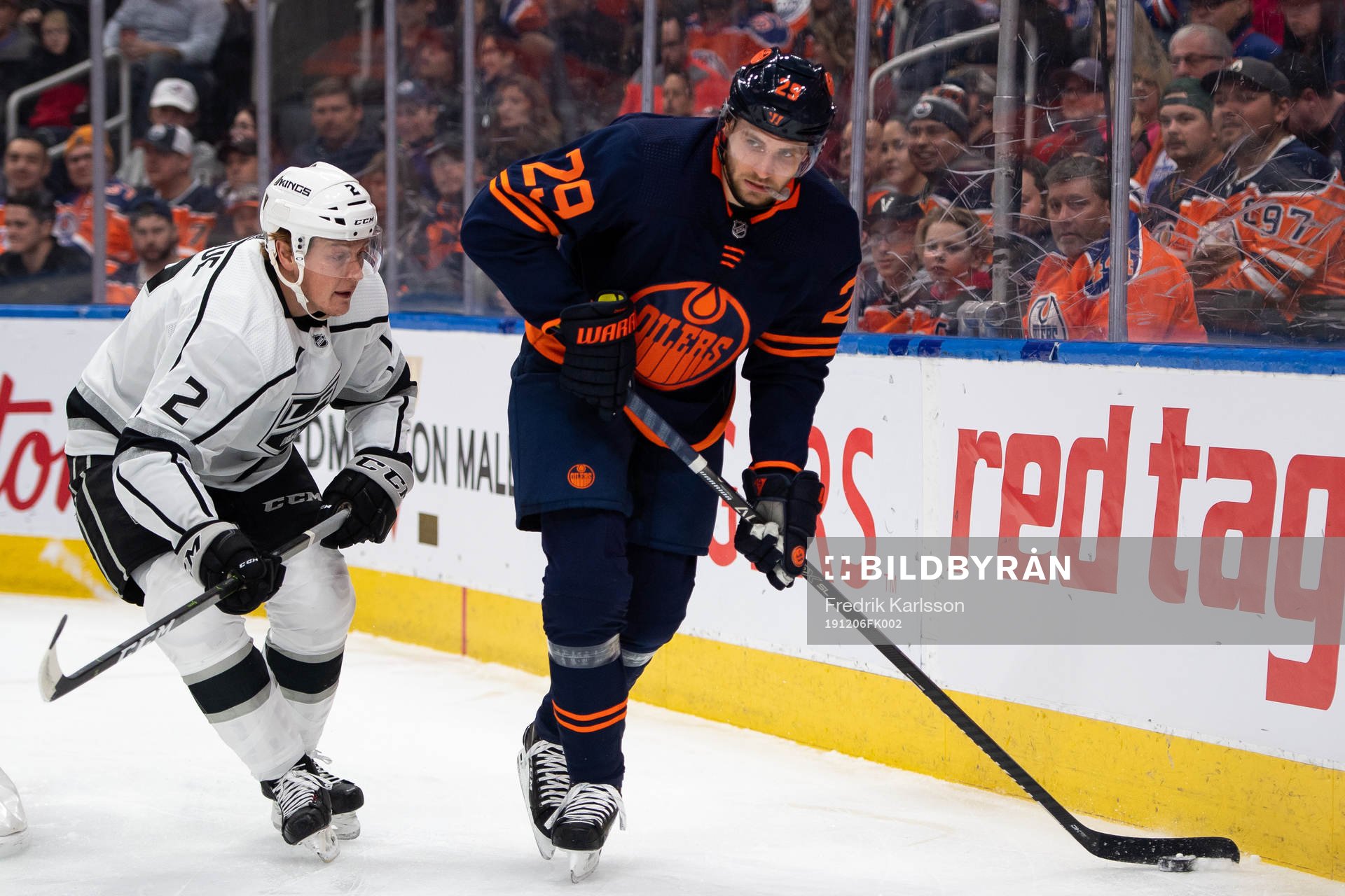 Paul LaDue of the Los Angeles Kings and Leon Draisaitl of