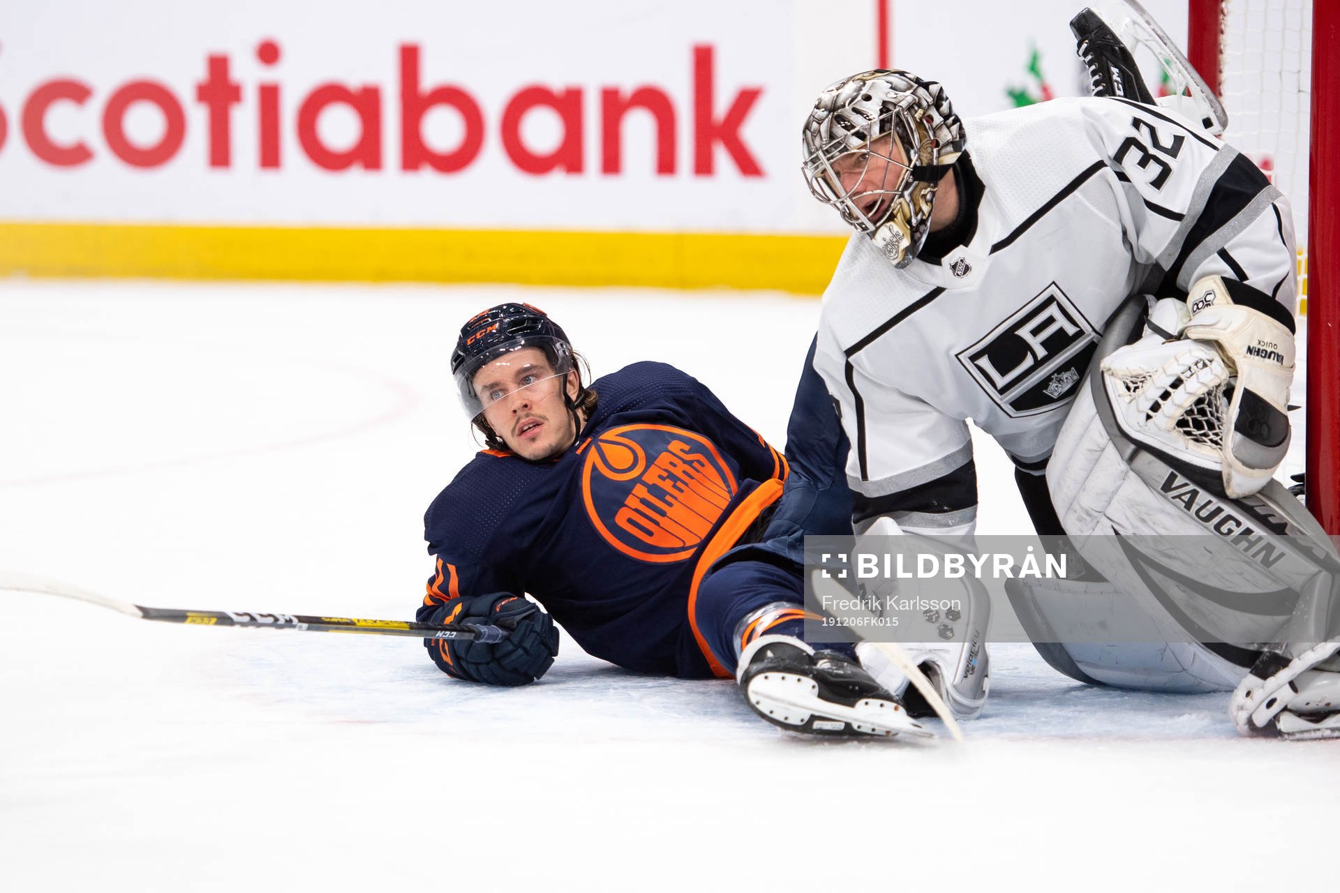 Joakim Nygard of the Edmonton Oilers and goaltender
