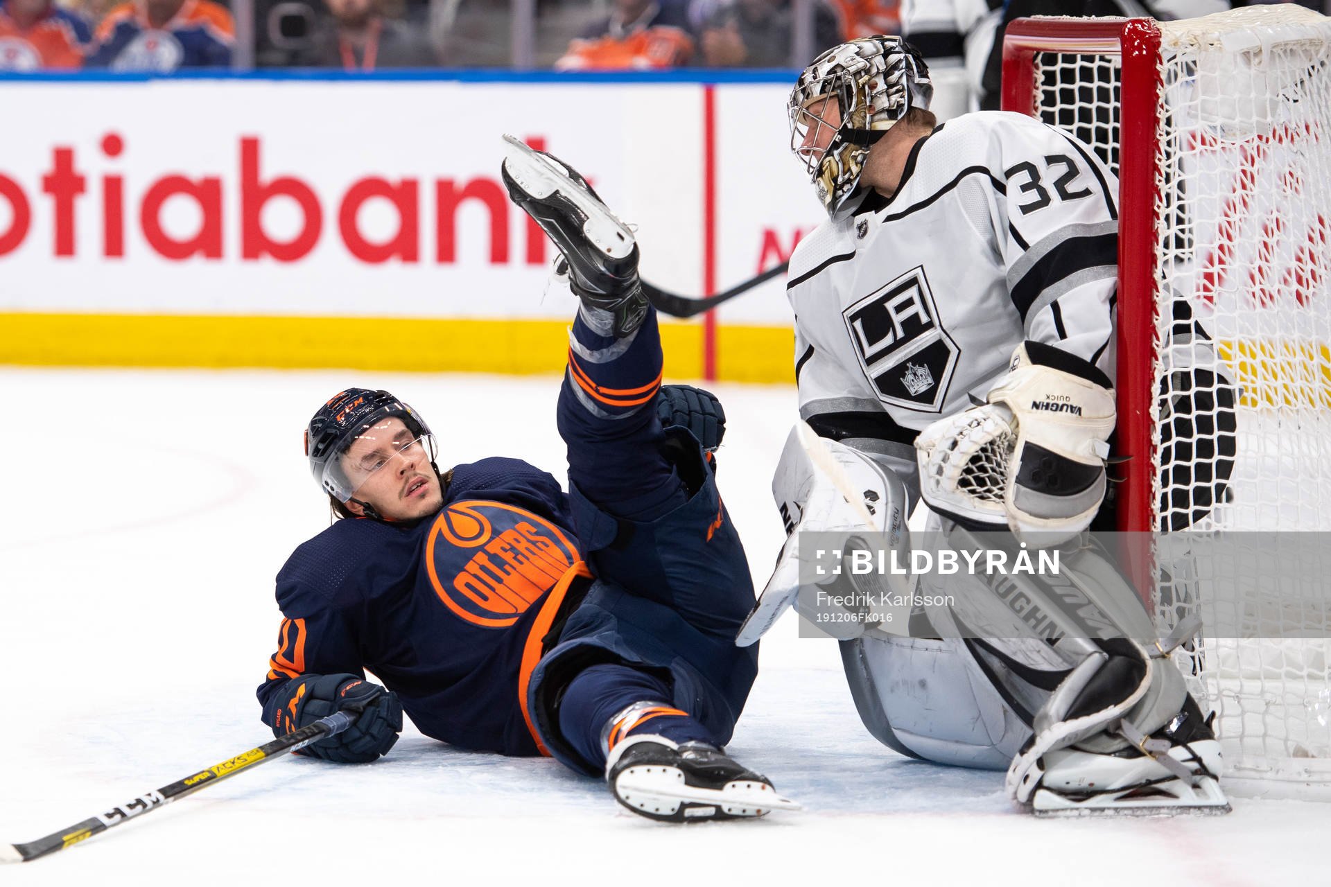 Joakim Nygard of the Edmonton Oilers and goaltender