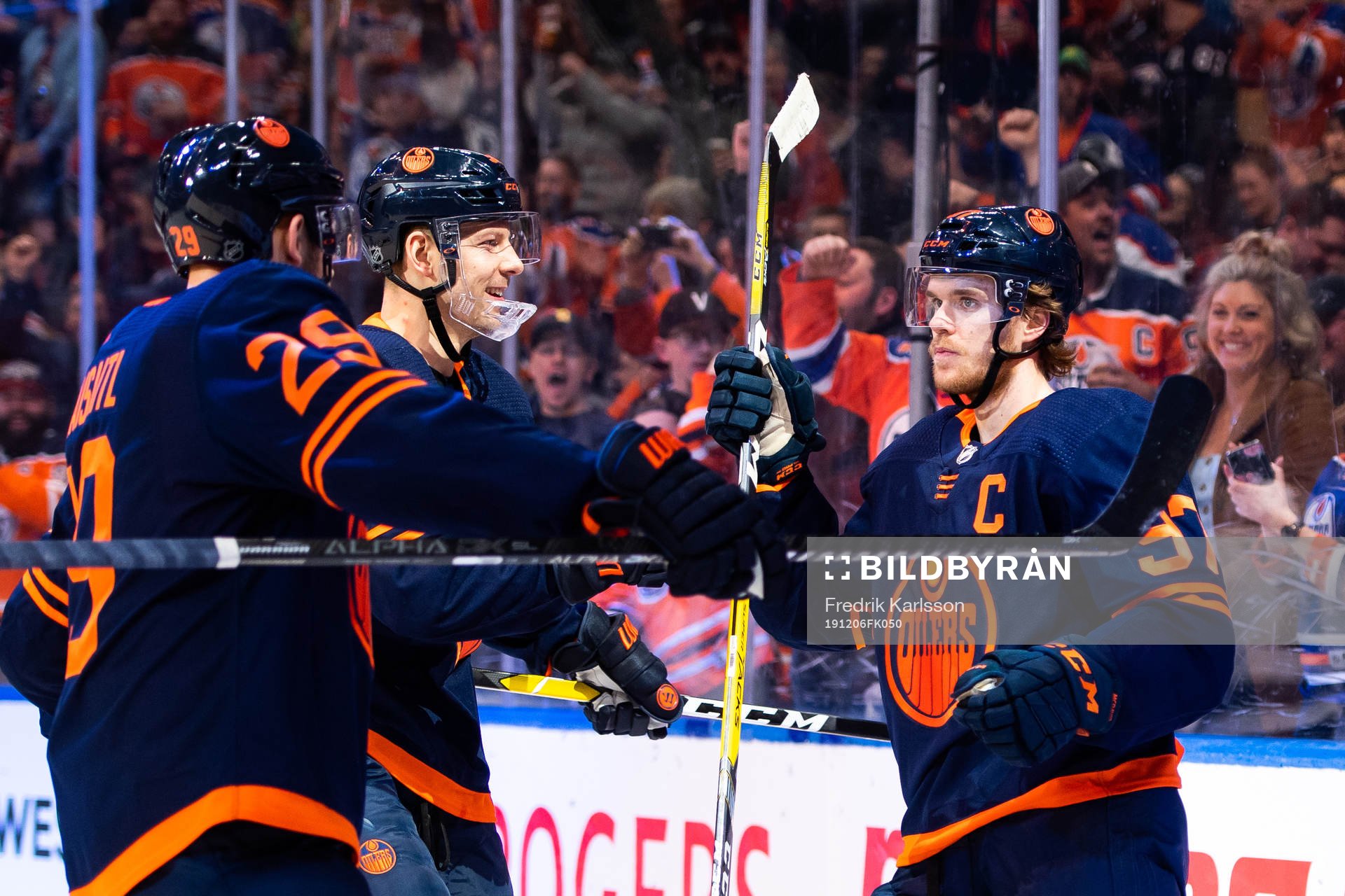 Leon Draisaitl, Alex Chiasson and Connor McDavid of the