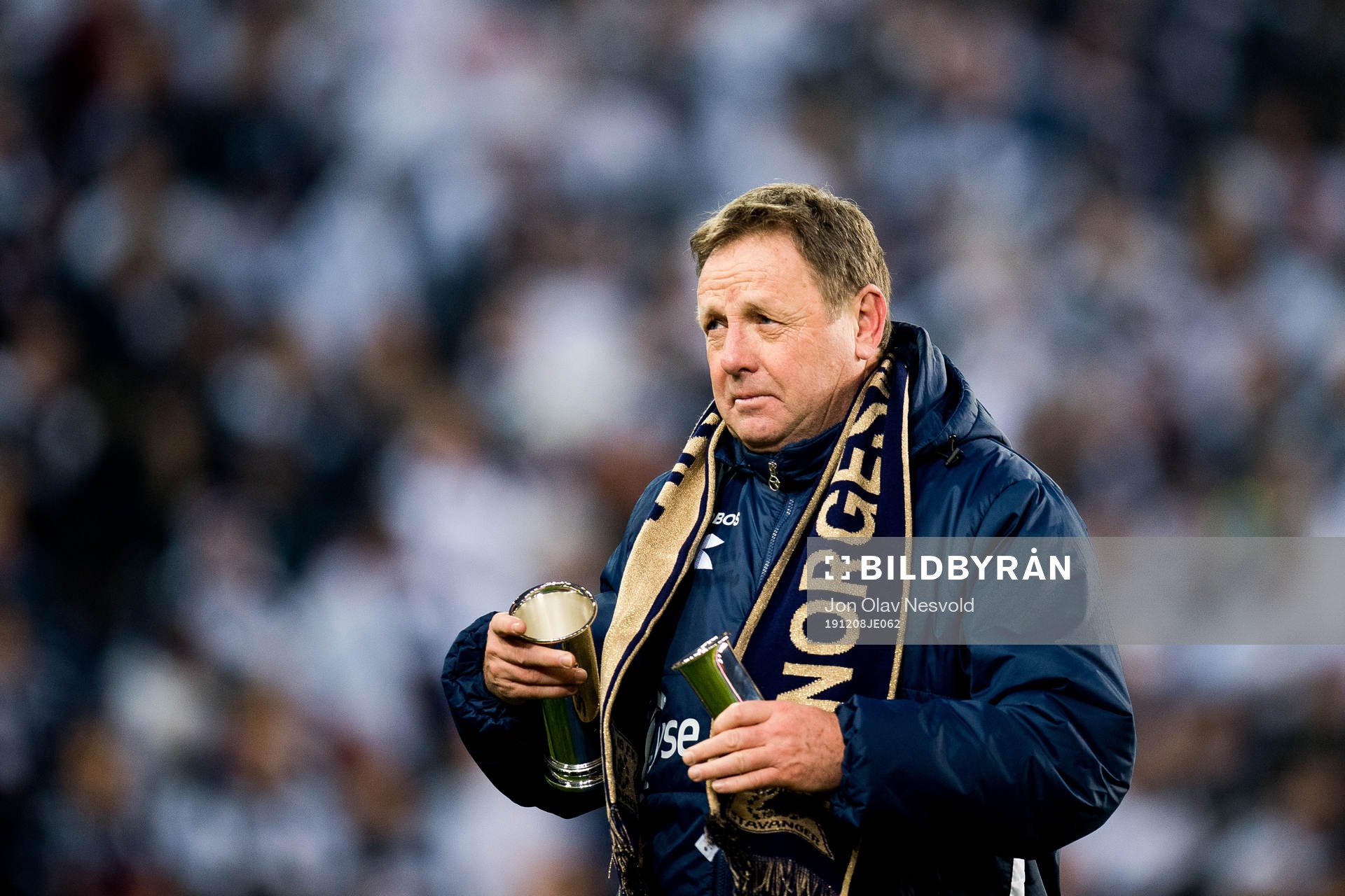 Bjarne Berntsen, head coach of Viking, celebrates with the trophy after the cup final between Haugesund and Viking on December 8, 2019 in Oslo.