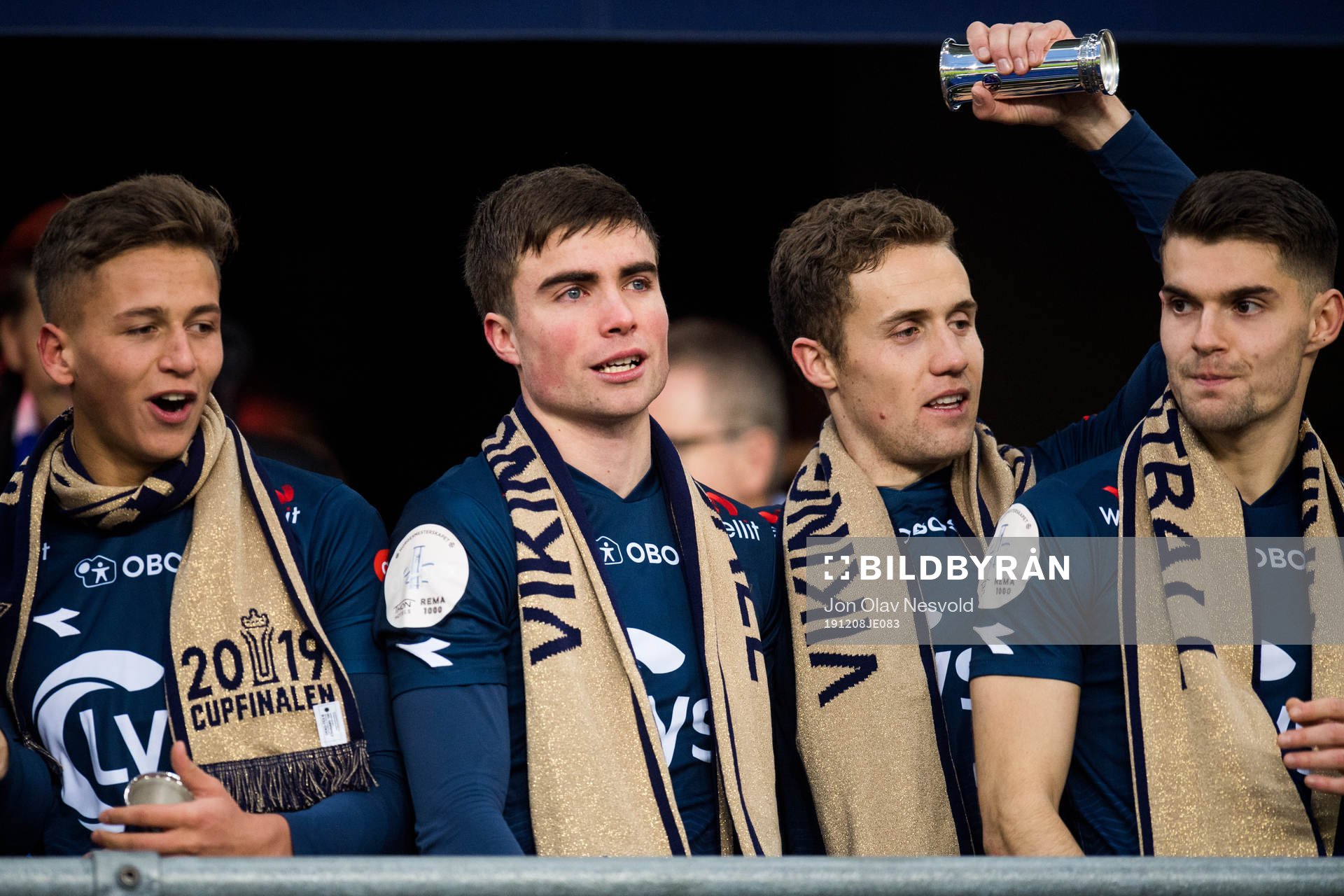 Adrian Pereira, Sondre Flem Bjørshol, Fredrik Torsteinbø and Ylldren Ibrahimaj of Viking celebrate after the cup final between Haugesund and Viking on December 8, 2019 in Oslo.