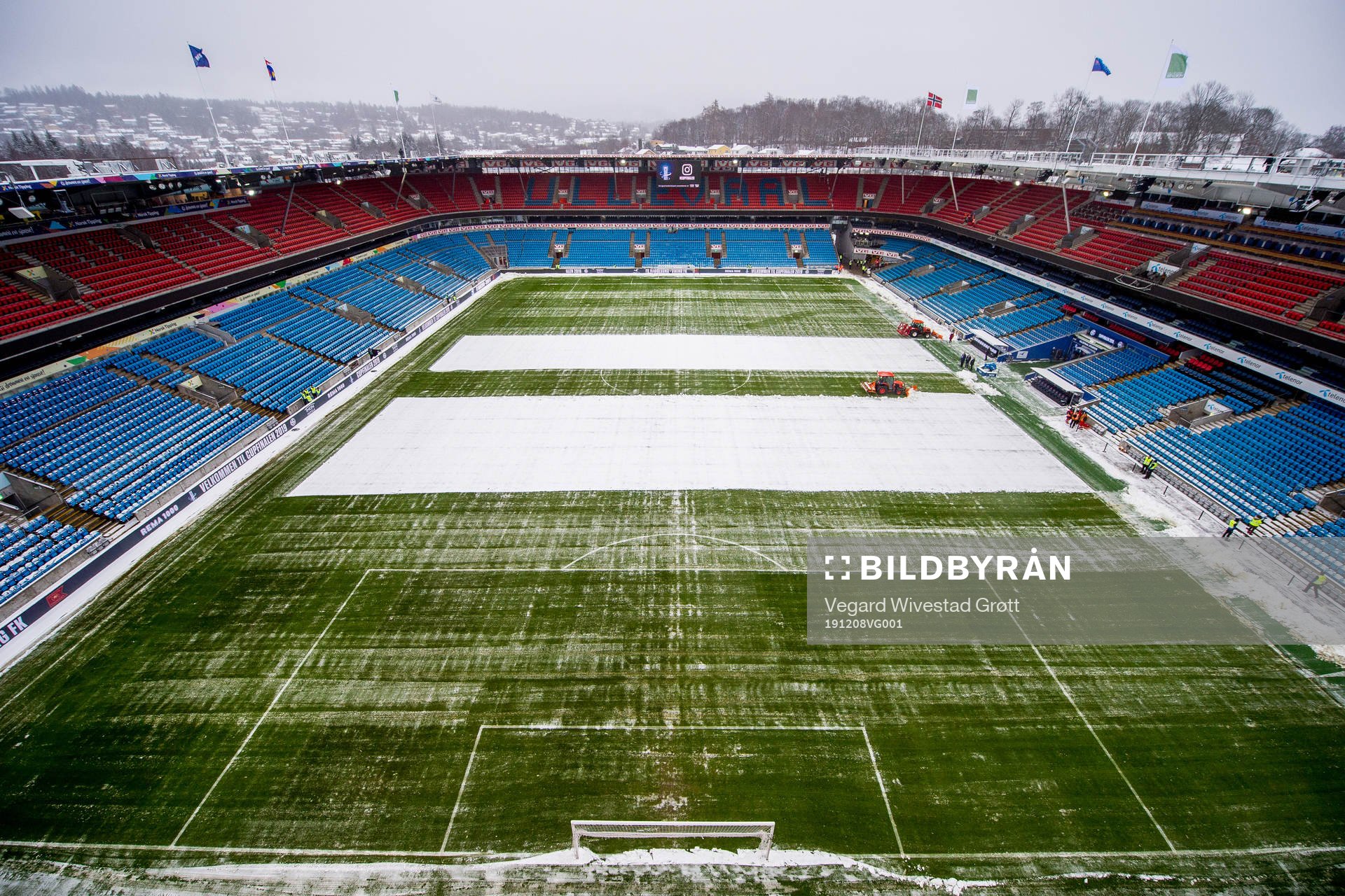 General view of Ullevaal stadion as the snow is being