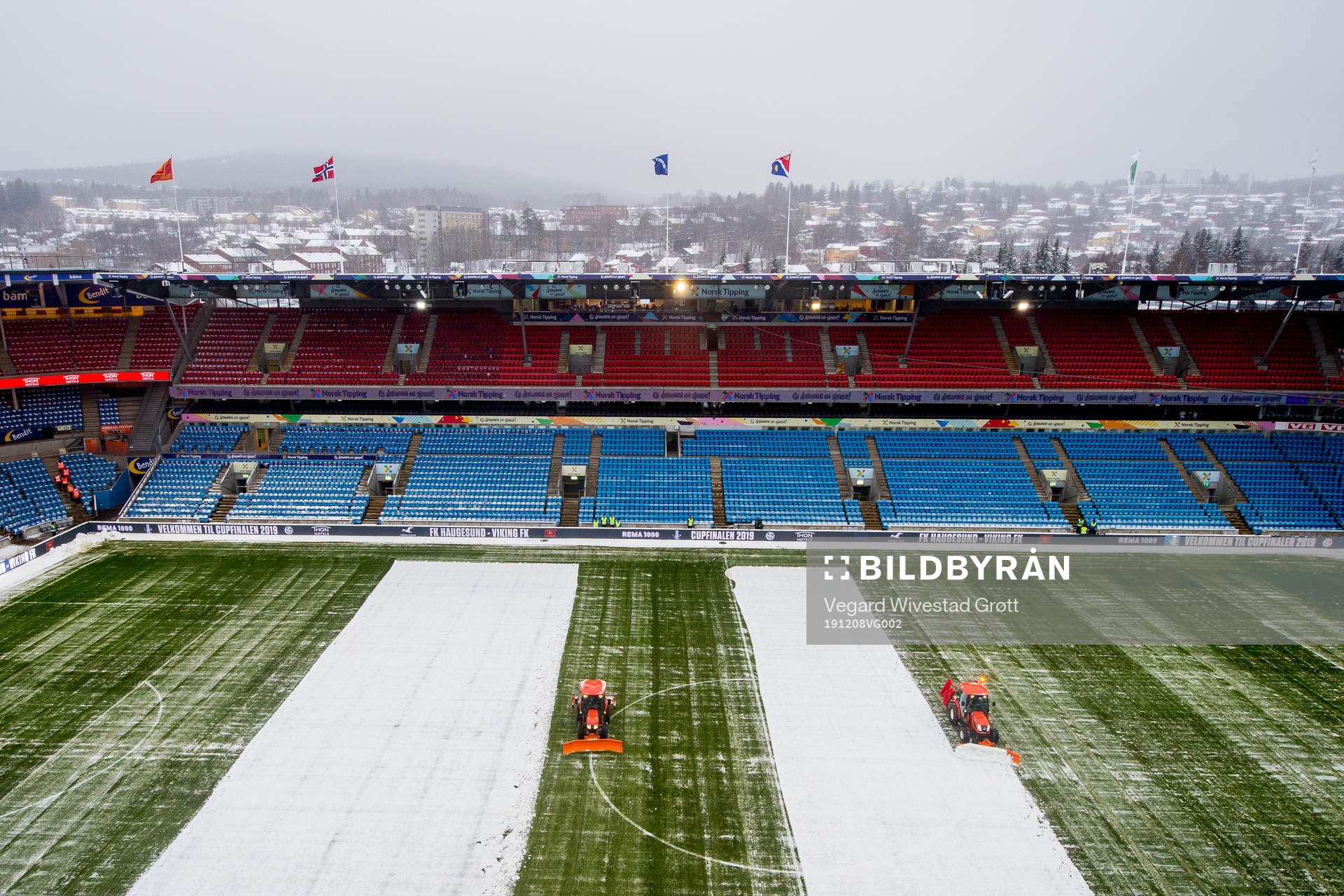 General view of Ullevaal stadion as the snow is being