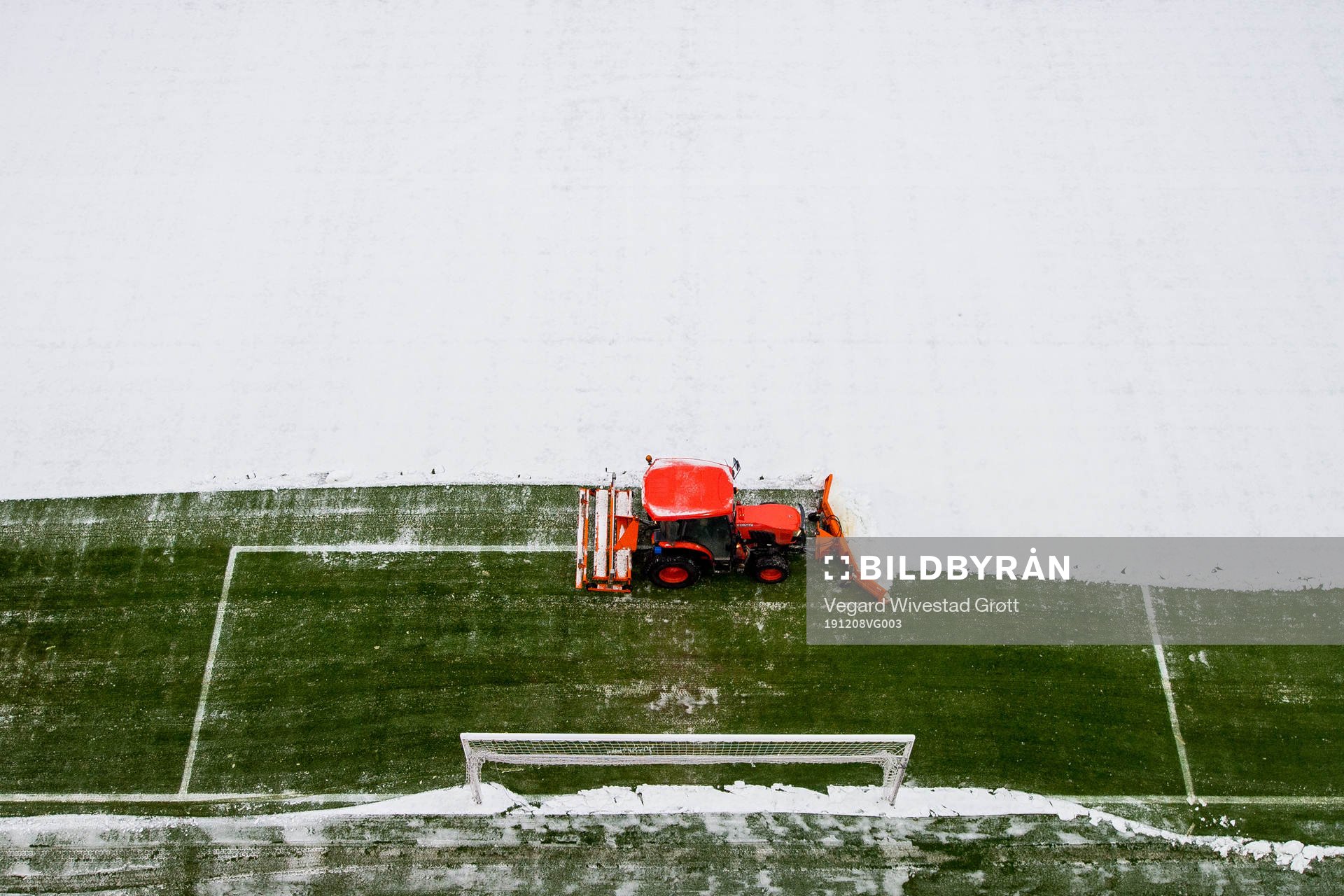 General view of Ullevaal stadion as the snow is being