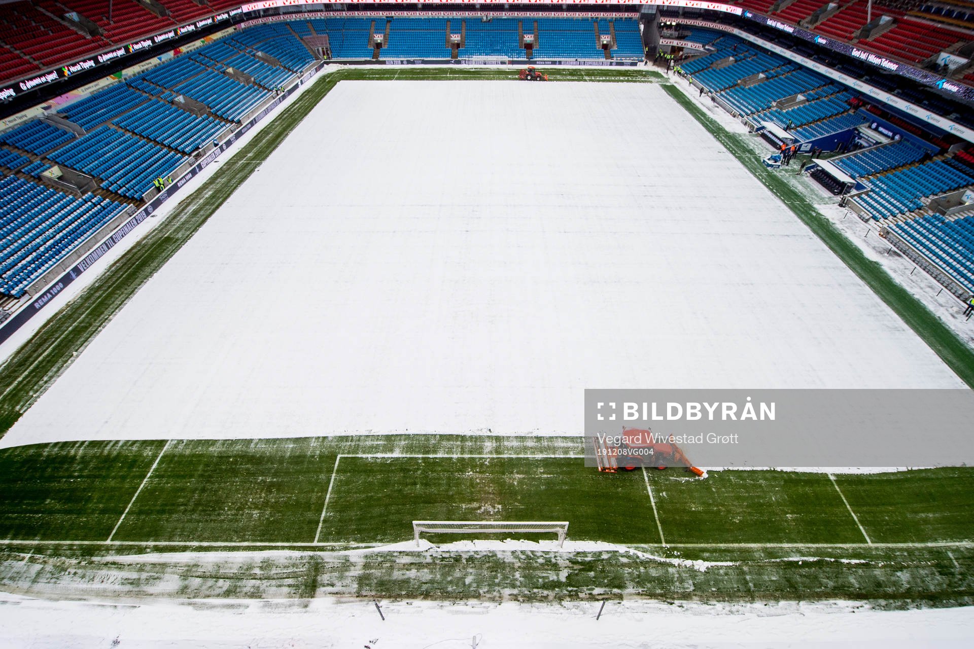General view of Ullevaal stadion as the snow is being