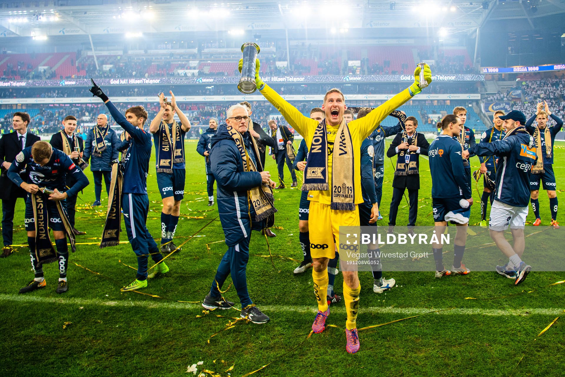 Goalkeeper Iven Austbø of Viking celebrates with the trophy