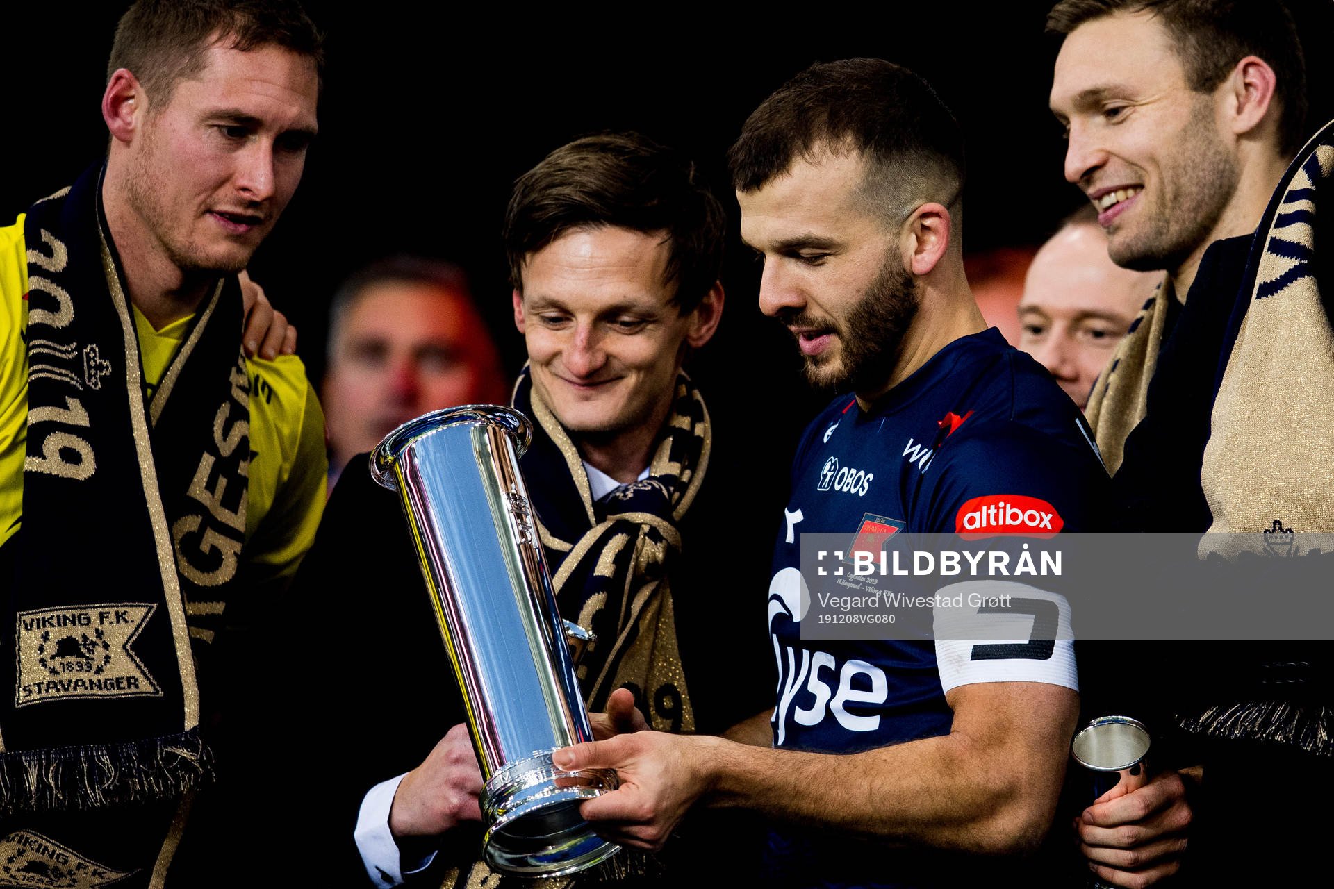 Goalkeeper Iven Austbø, André Danielsen and Zlatko Tripic of Viking with the trophy after the cup final between Haugesund and Viking on December 8, 2019 in Oslo.