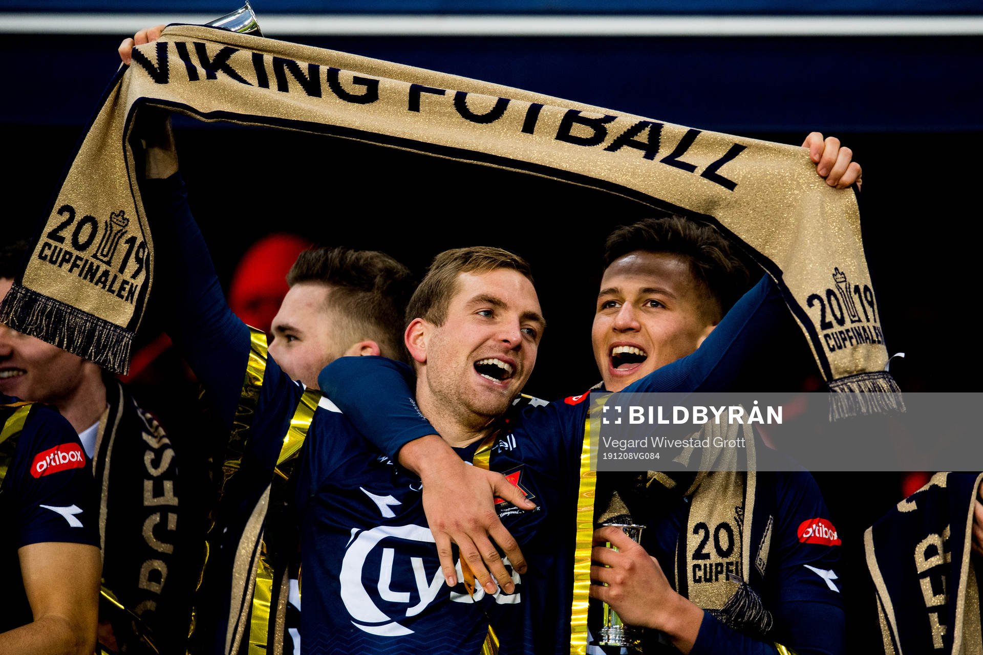 Kristoffer Løkberg and Adrian Pereira of Viking celebrate