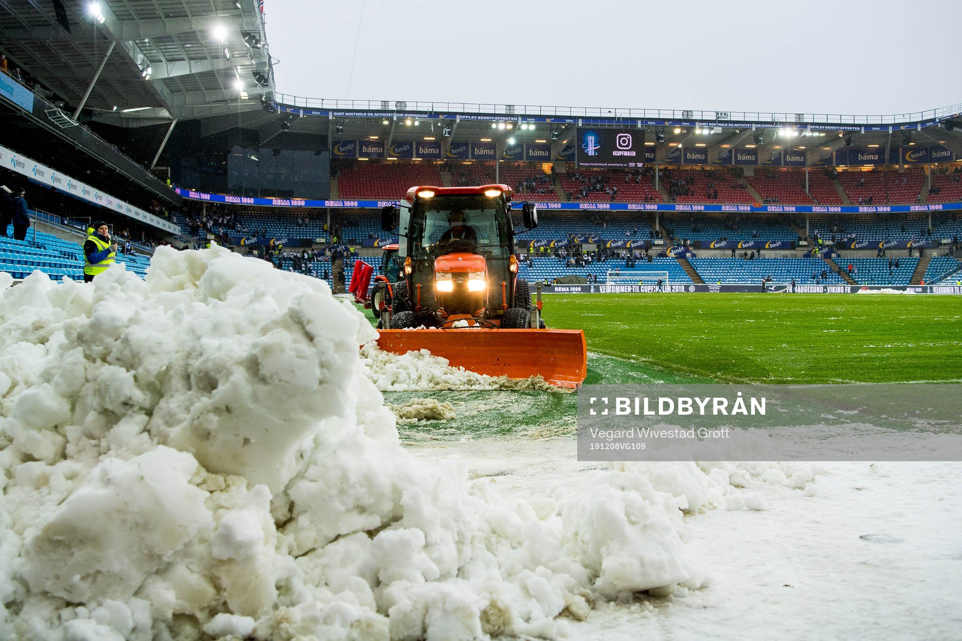 General view of Ullevaal stadion as the snow is being