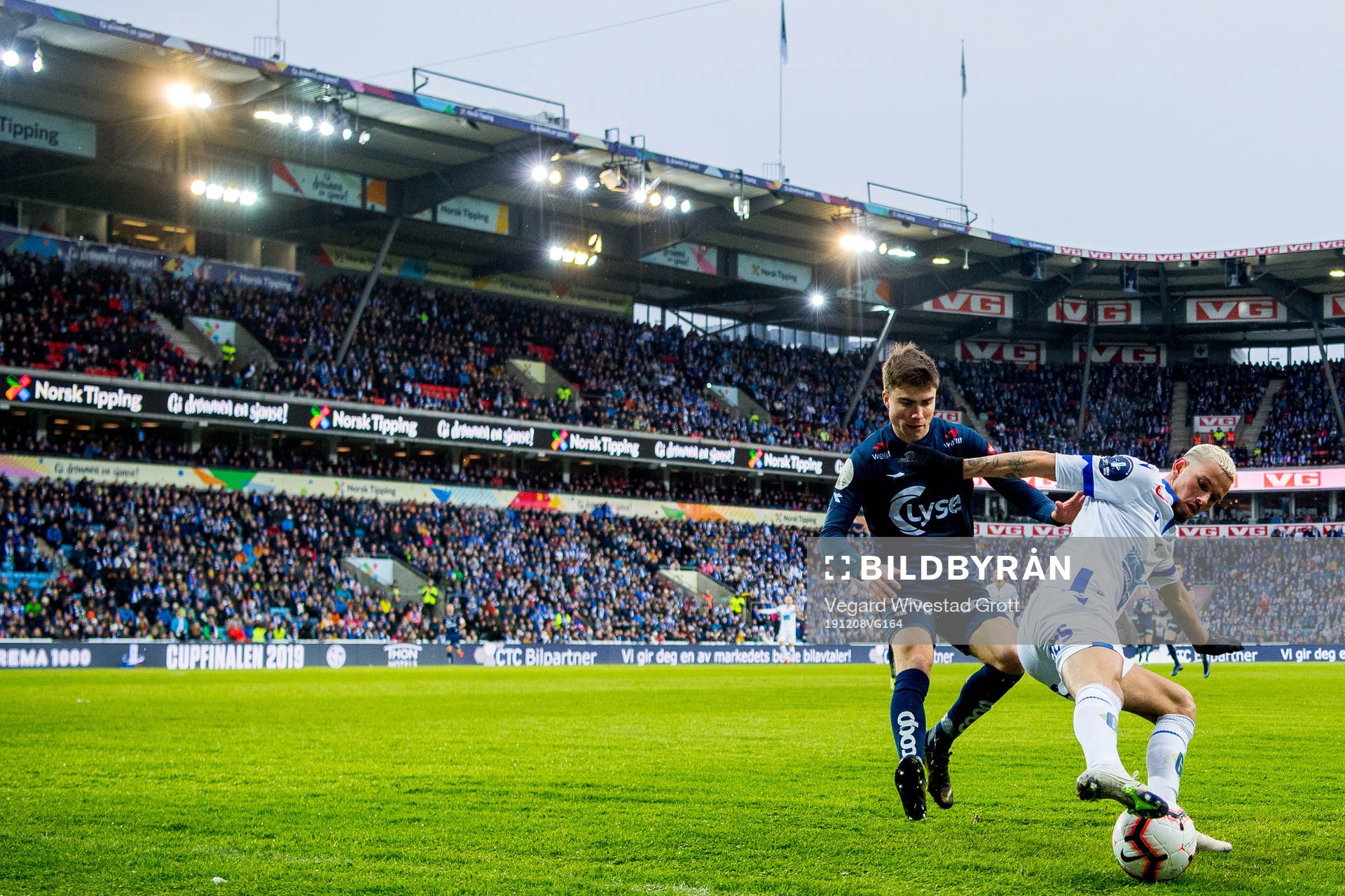 Sondre Flem Bjørshol of Viking and Kristoffer Velde of Haugesund during the cup final between Haugesund and Viking on December 8, 2019 in Oslo.