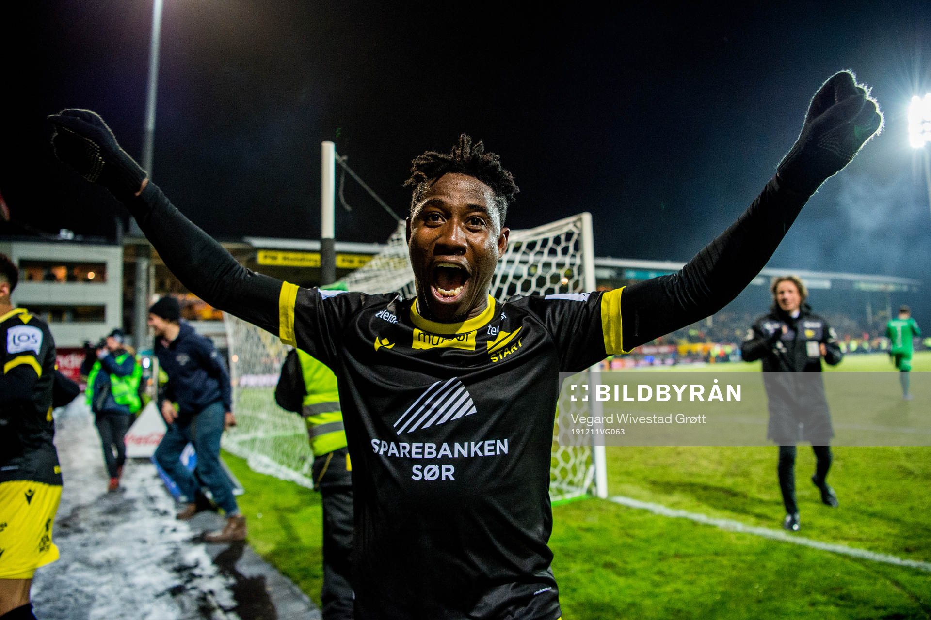 Isaac Twum of Start celebrates after the Eliteserien playoff football match between Lillestrøm and Start on December 11, 2019 in Lillestrøm.