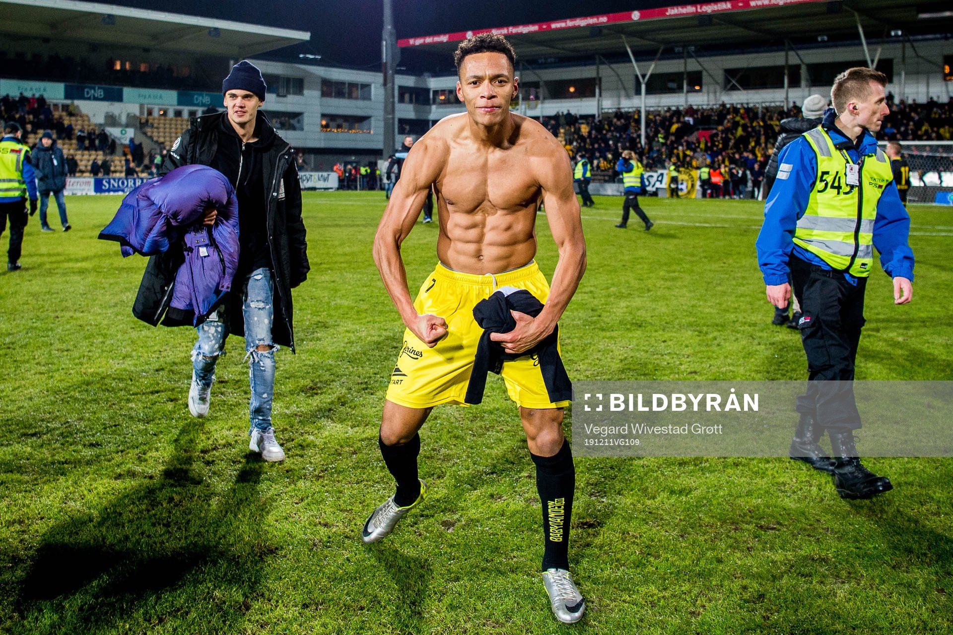 Kevin Kabran of Start celebrates after the Eliteserien playoff football match between Lillestrøm and Start on December 11, 2019 in Lillestrøm.