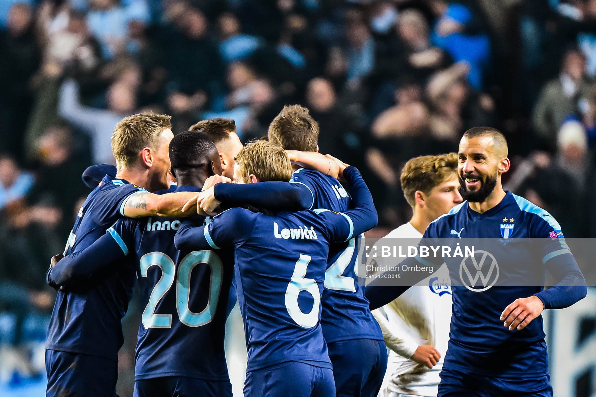 Players of Malmö FF celebrate after the Europa league match between FC Köpenhamn and Malmö FF on December 12, 2019 in Copenhagen.