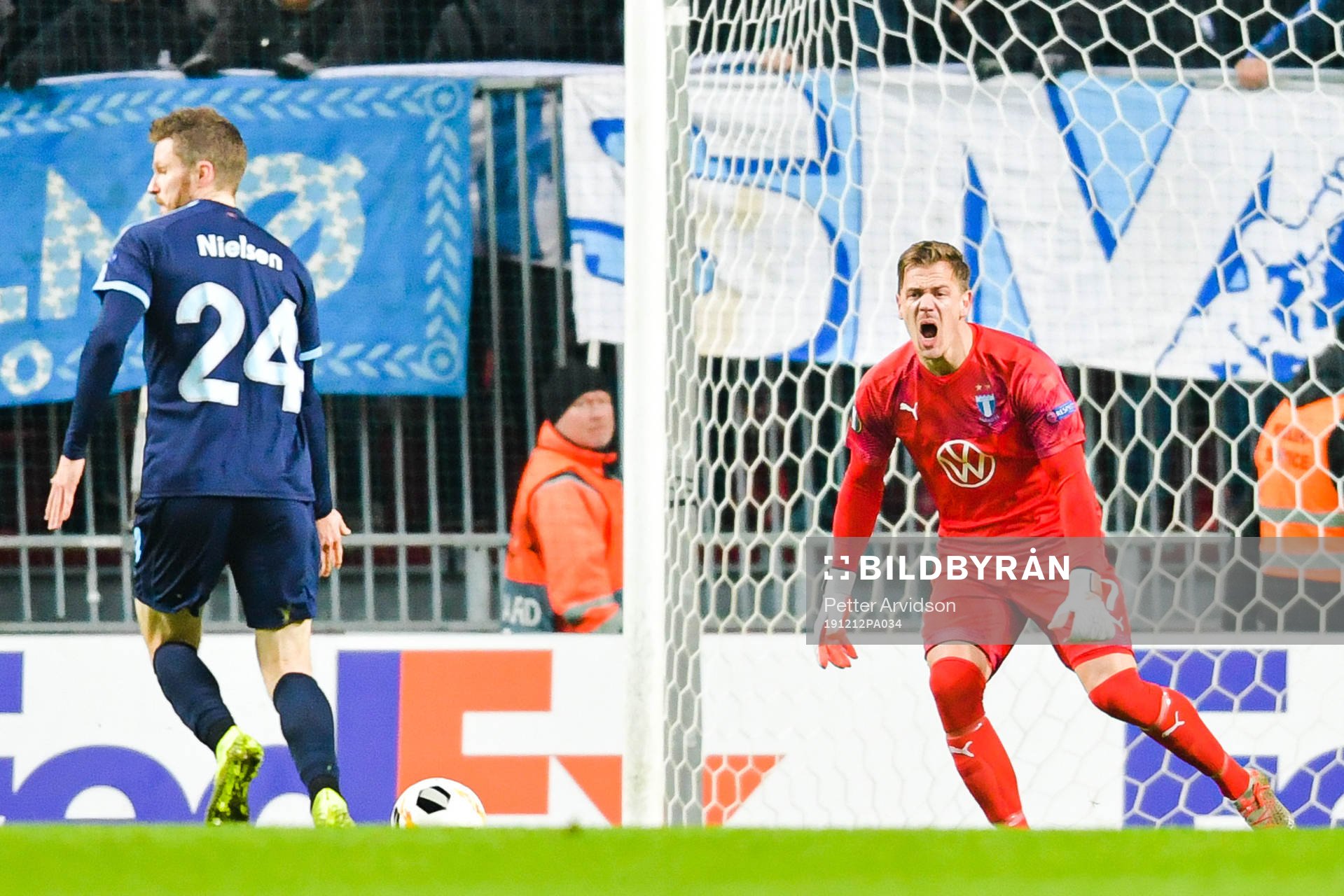 Goalkeeper Johan Dahlin of Malmö FF reacts