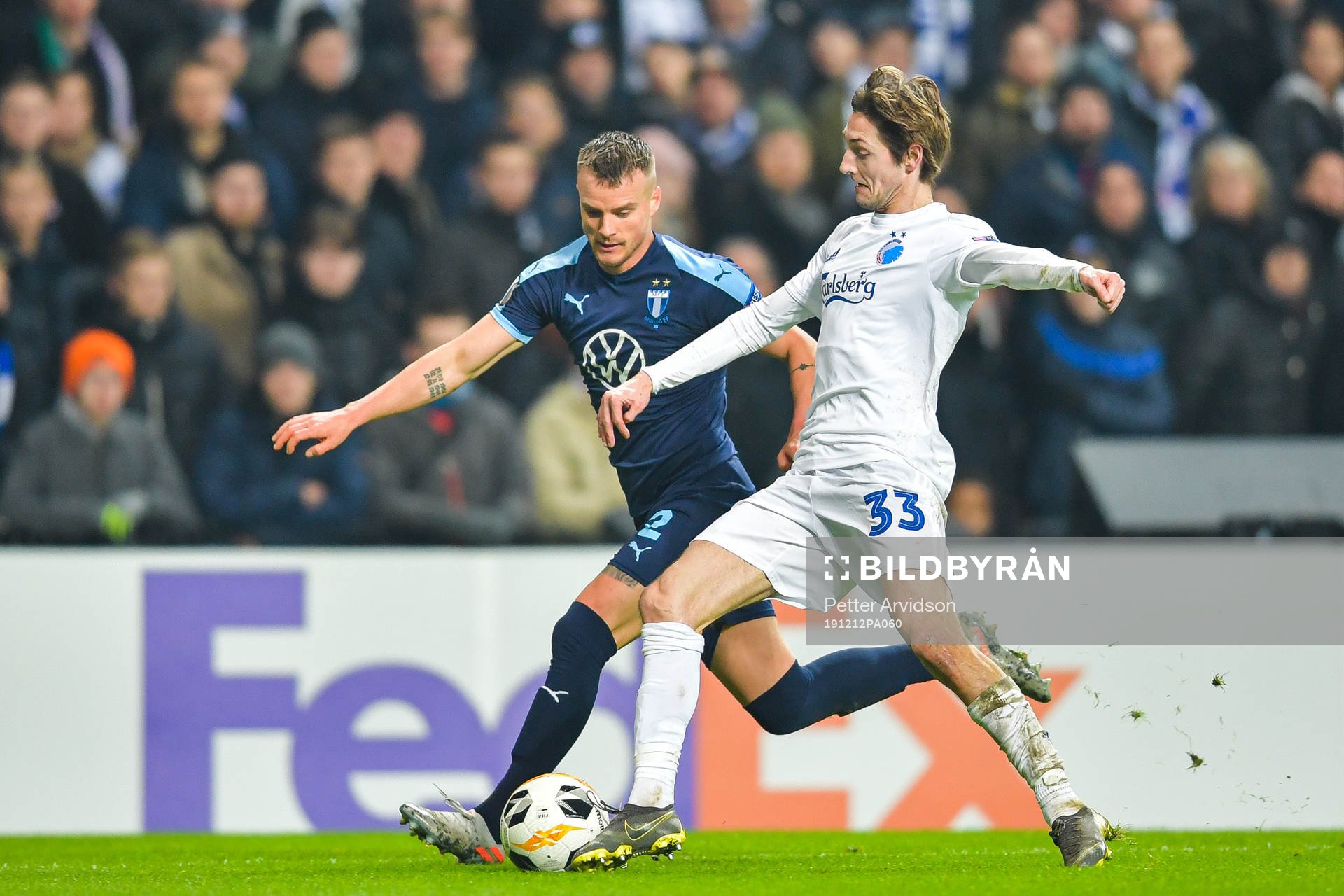 Eric Larsson of Malmö FF and Rasmus Falk of FC Köpenhamn