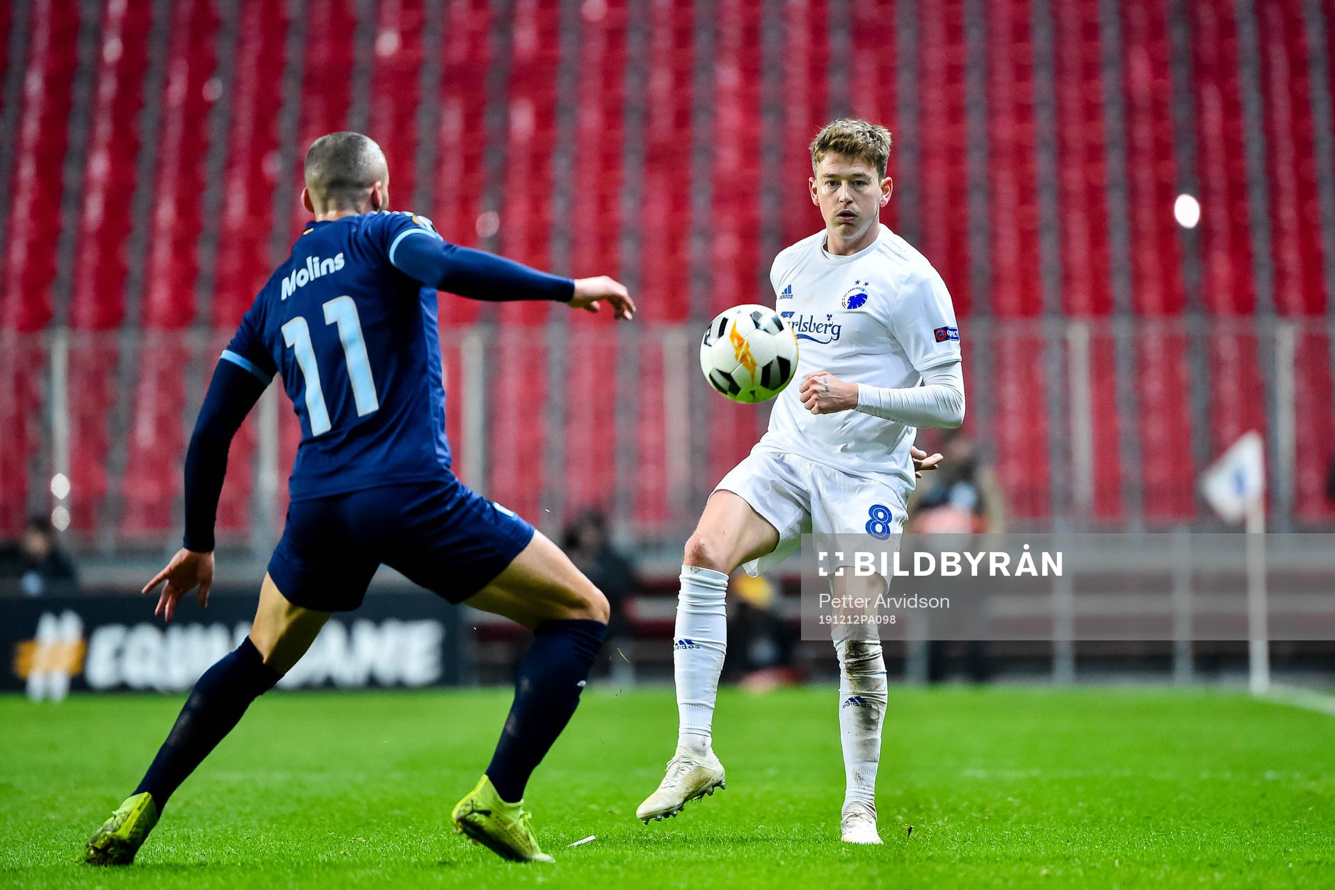 Guillermo Molins of Malmö FF and Nicolaj Thomsen of FC Köpenhamn during the Europa League match between FC Köpenhamn and Malmö FF on December 12, 2019 in Copenhagen.