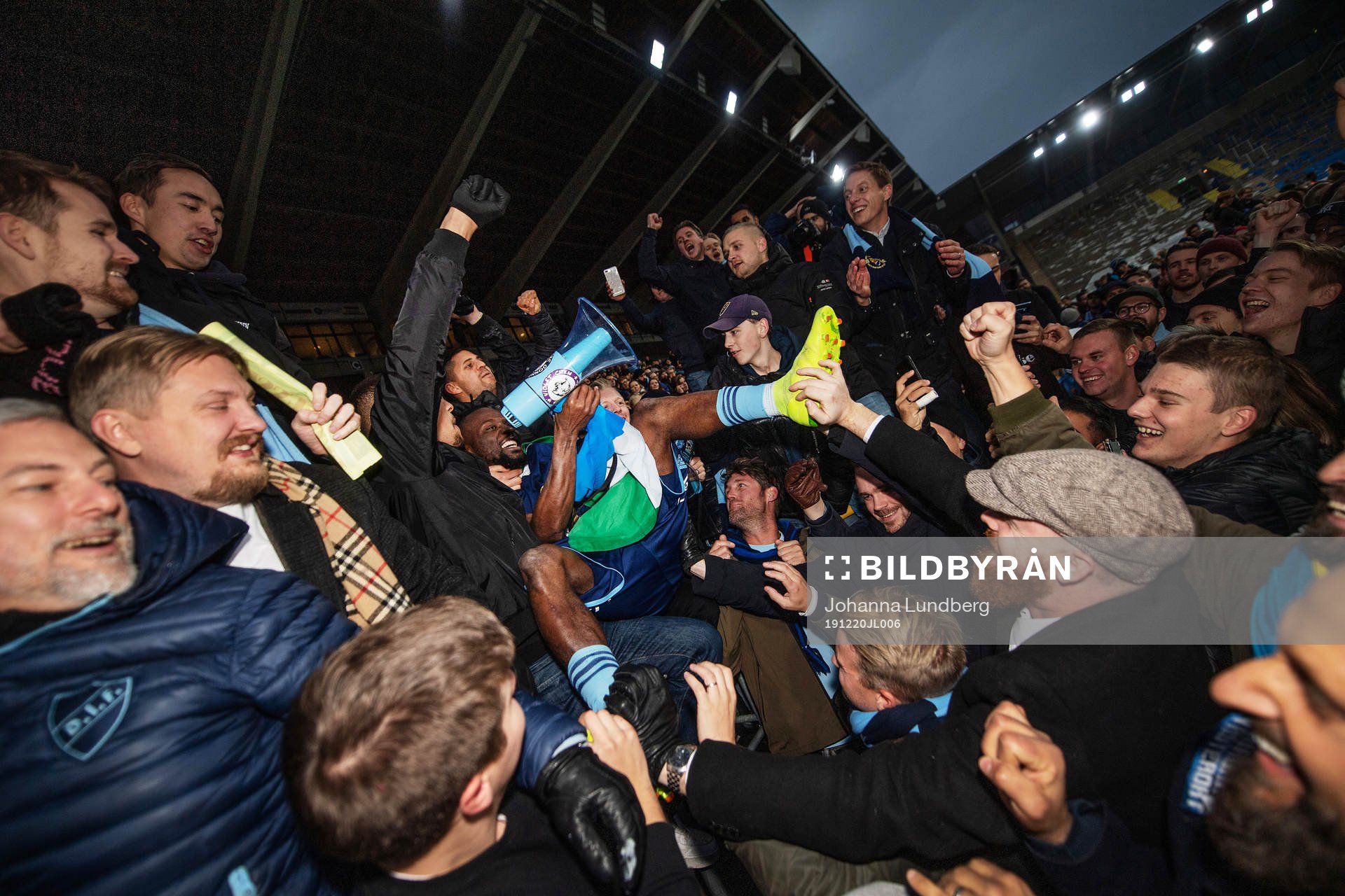This picture is part of Bildbyrån’s selection of the 100 best sports photos from 2019. Originally published 20191102 Djurgården’s Mohamed Buya Turay celebrates with supporters after the Allsvenskan football match between IFK Norrköping and Djurgården on November 2, 2019 in Norrköping, Sweden. Djurgården became Swedish champions after the 2-2 tie.