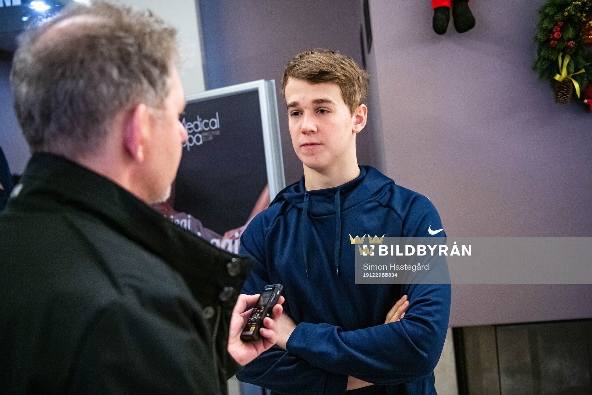 Nils Lundkvist of Sweden is interviewed by the media at a