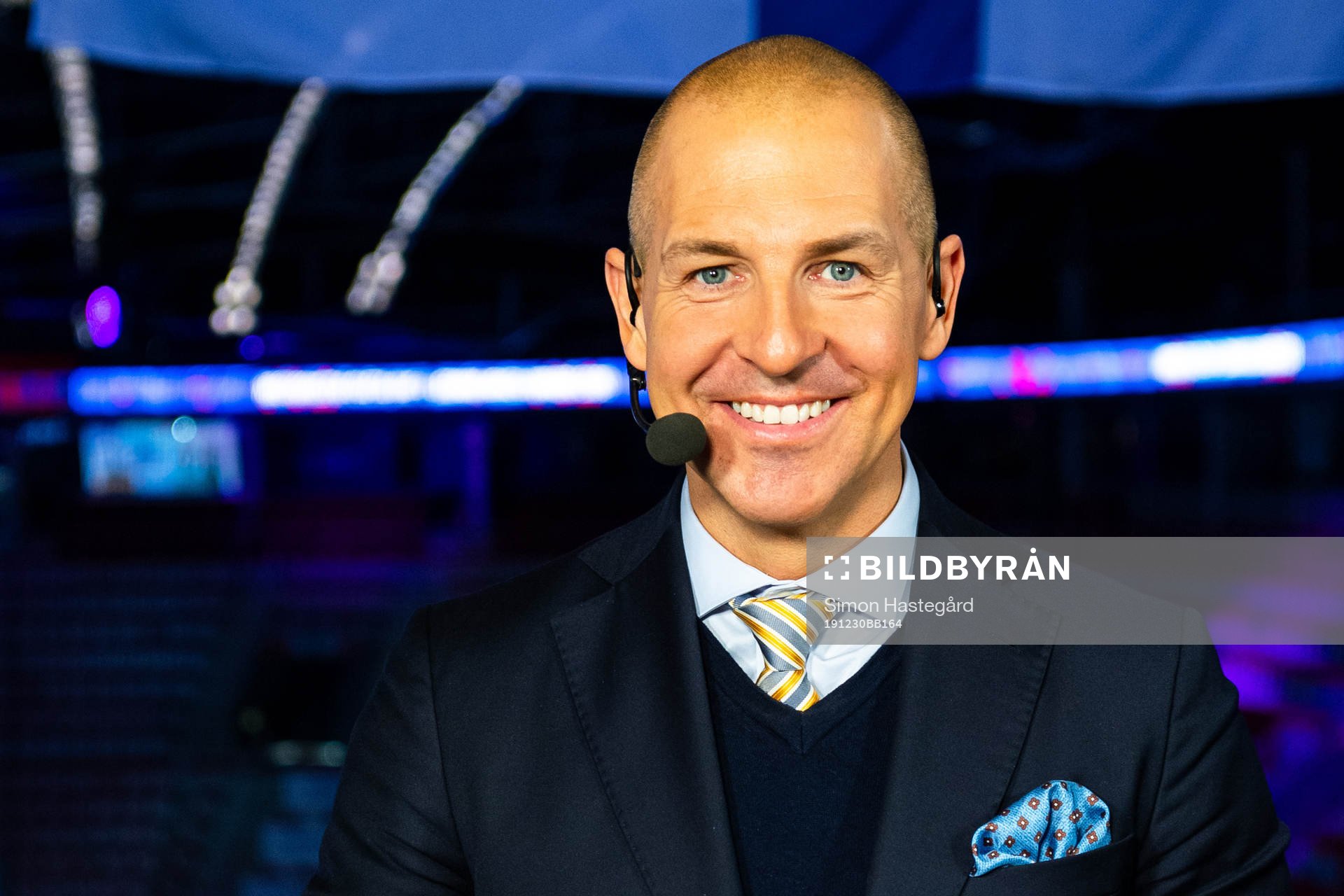 Erik Granqvist of Swedish broadcaster Viasat pose for a