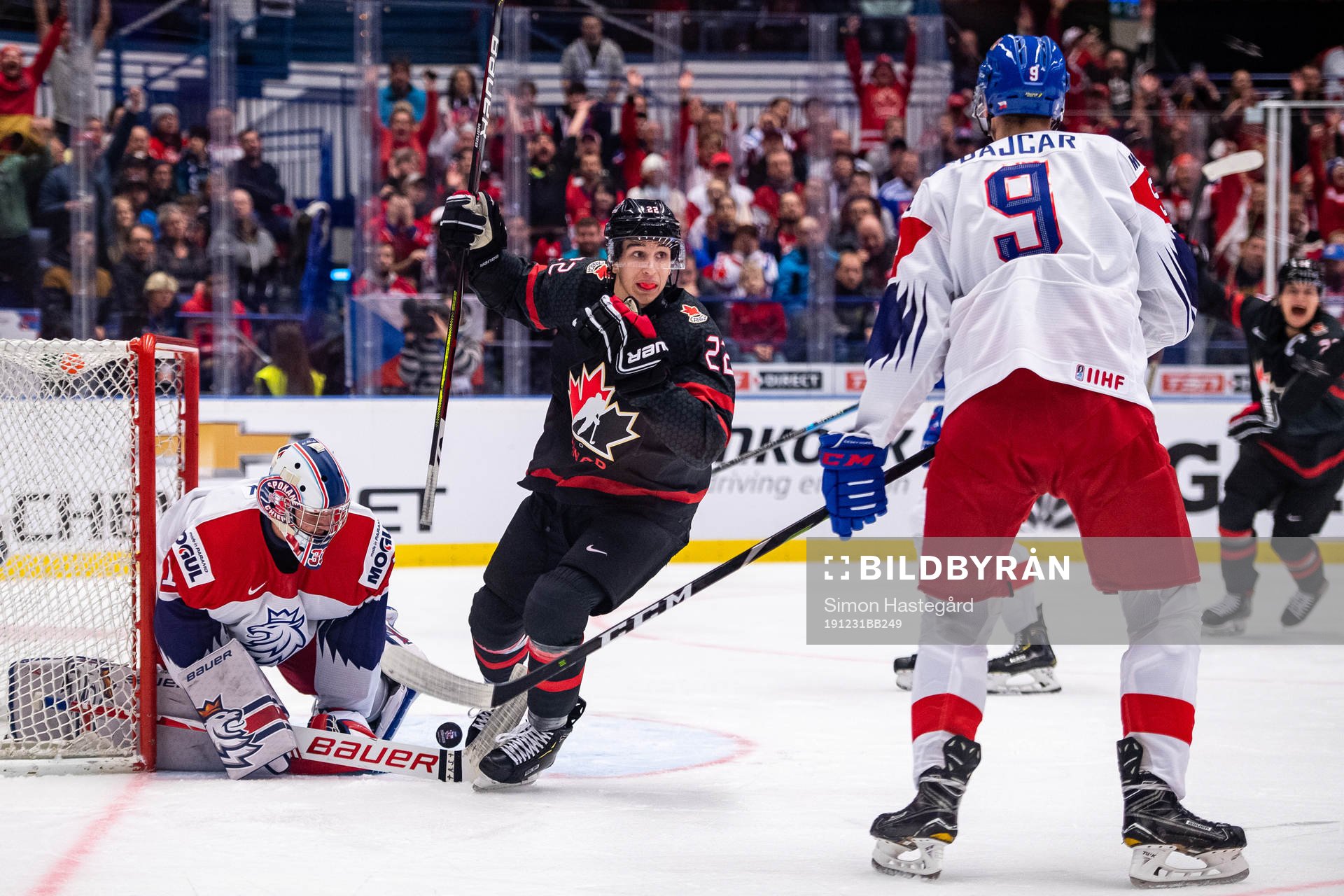 Dylan Cozens of Canada celebrates the 1-0 goal by Joe