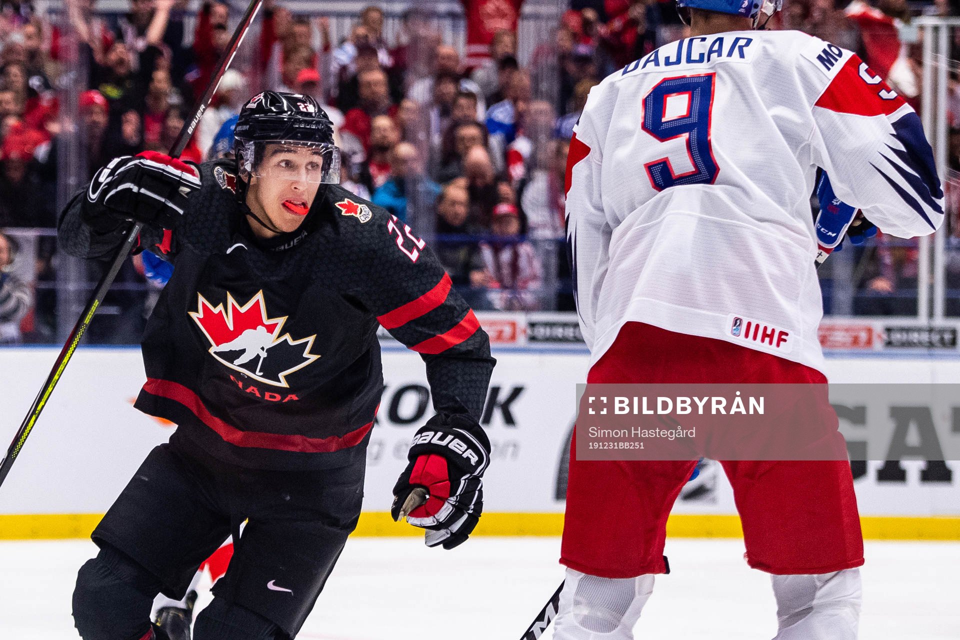 Dylan Cozens of Canada celebrates the 1-0 goal by Joe