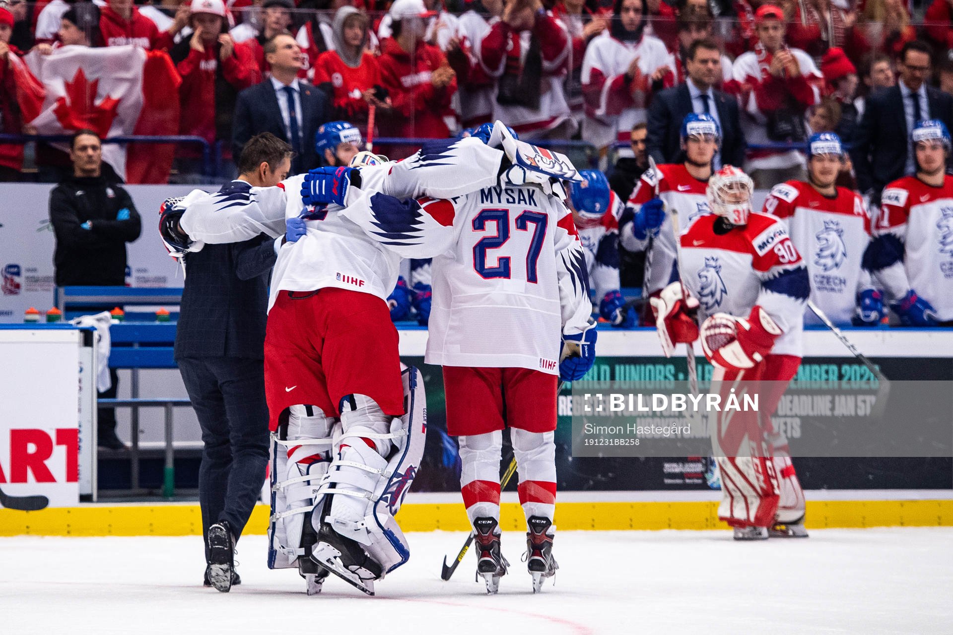 Goalkeeper Lukas Parik of Czech Republic leaves the ice in