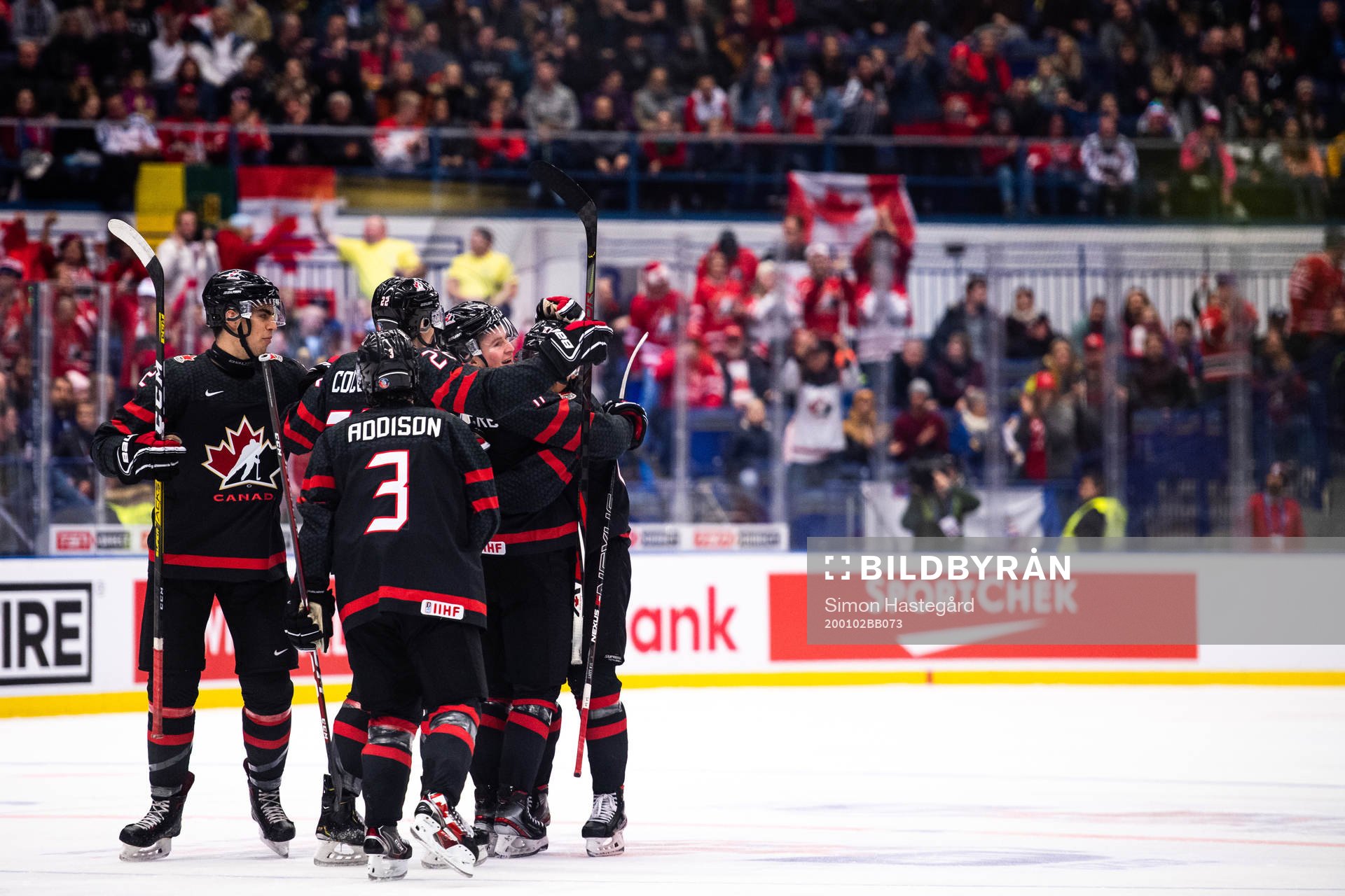 Alexis Lafreniere of Canada celebrates the 1-0 goal by