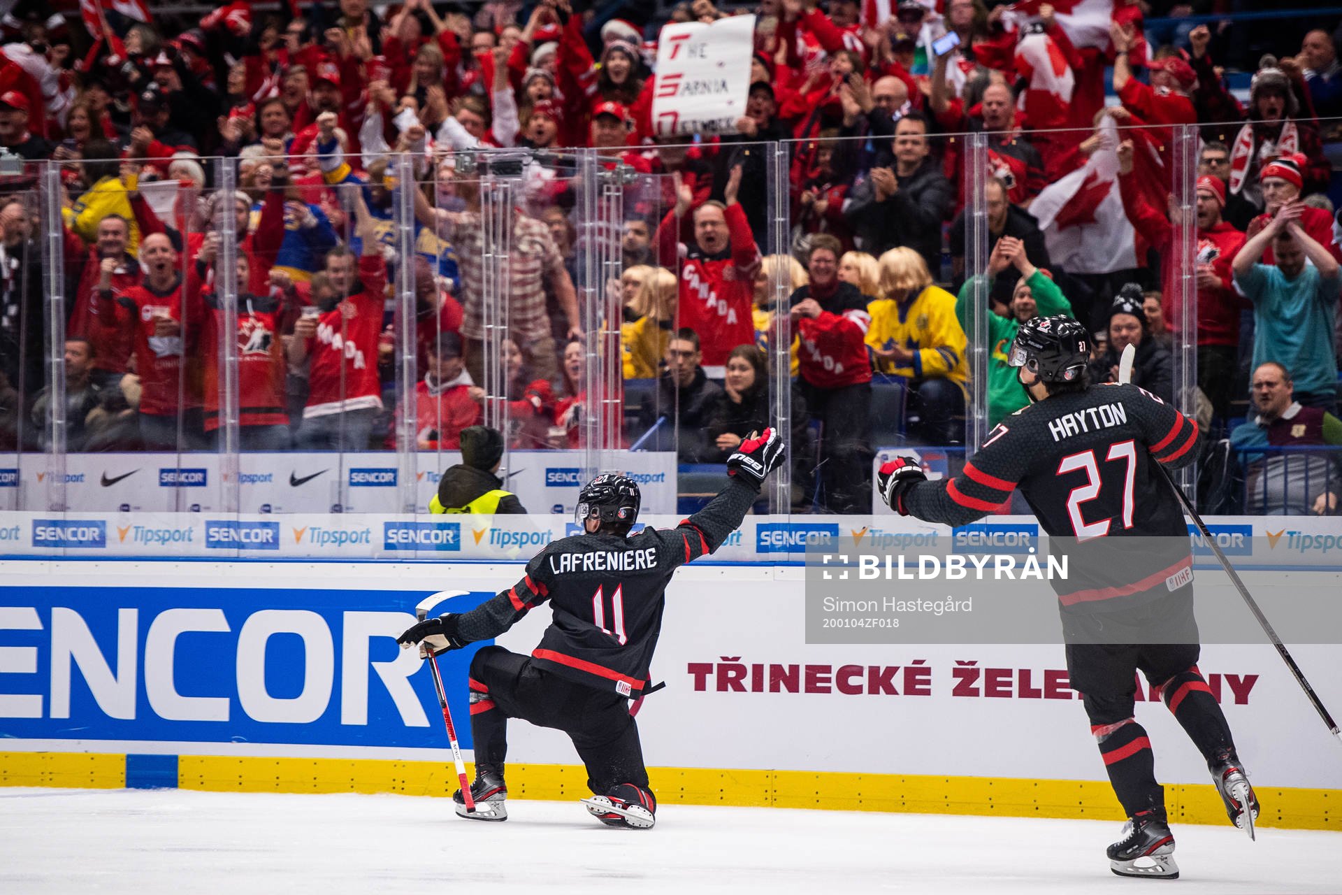 Alexis Lafreniere of Canada celebrates the 2-0 goal