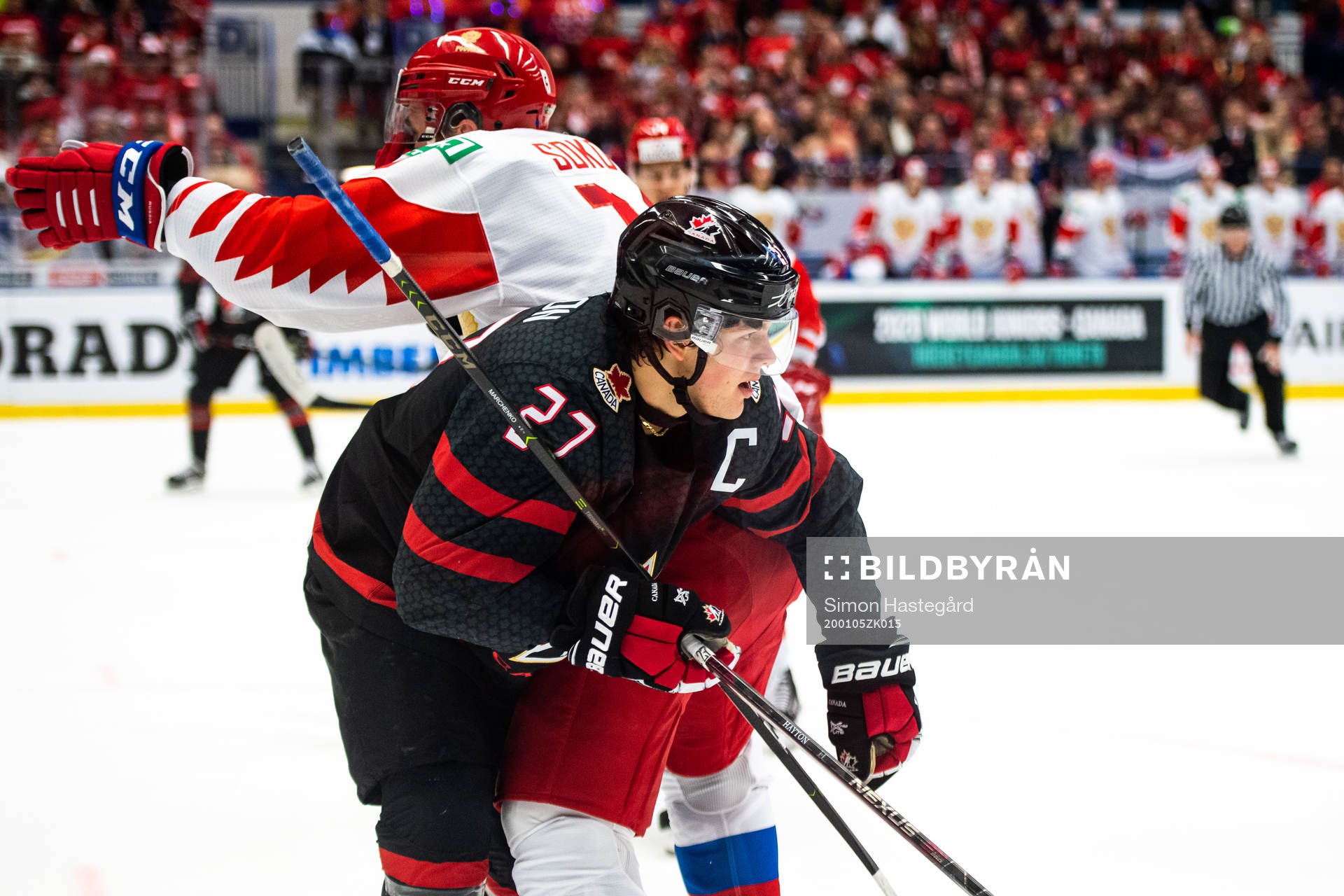 Yegor Sokolov of Russia against Barrett Hayton of Canada