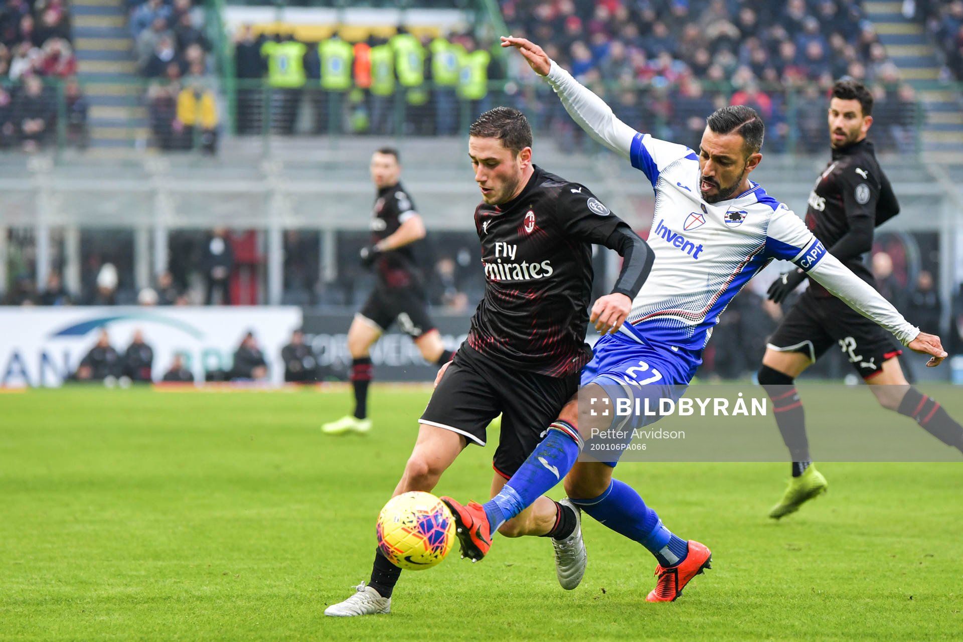 Davide Calabria of Milan and Fabio Quagliarella of Sampdoria