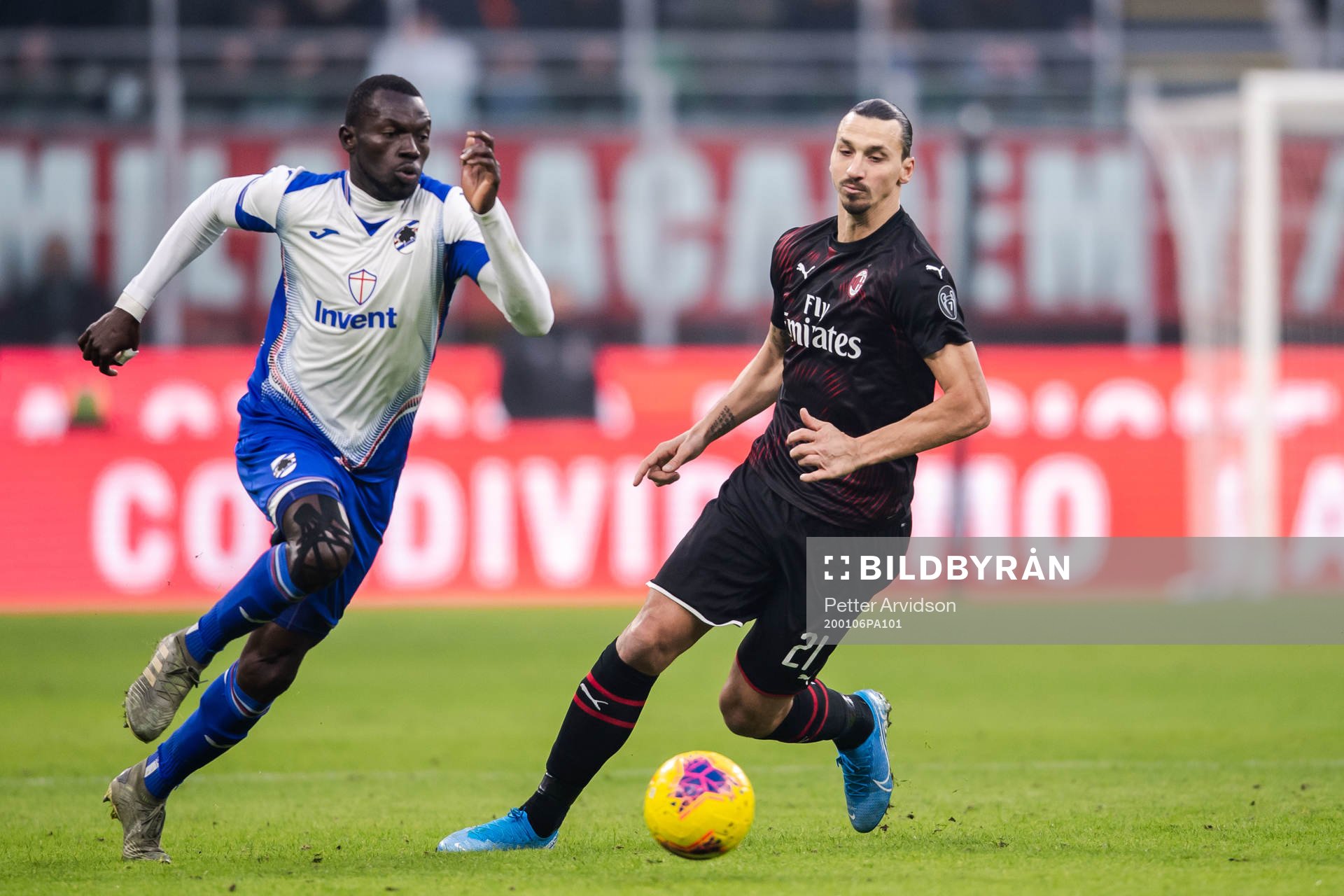 Omar Colley of Sampdoria and Zlatan Ibrahimovic of Milan