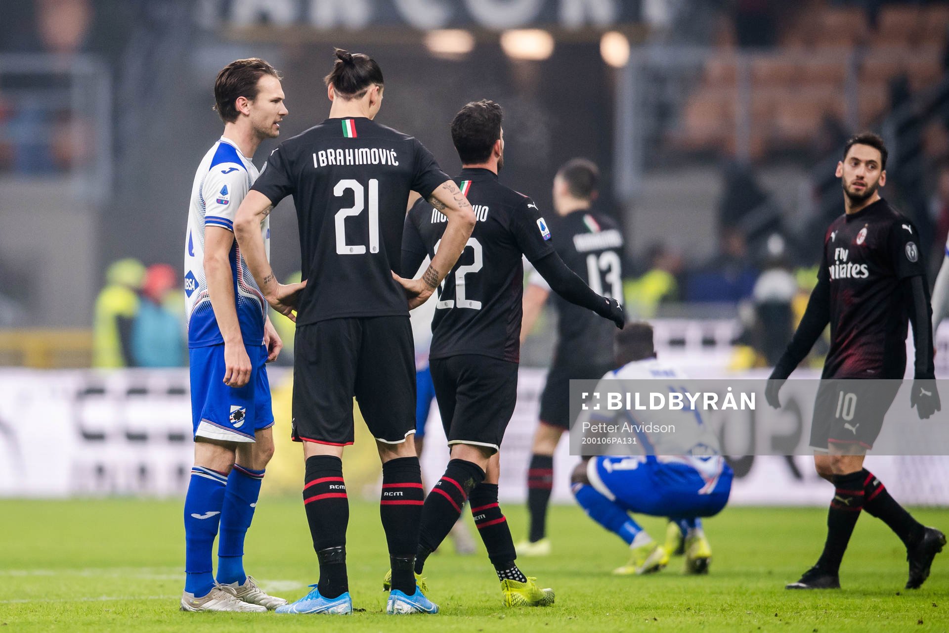 Albin Ekdal of Sampdoria and Zlatan Ibrahimovic of Milan after the Serie A match between Milan and Sampdoria on January 6, 2020 in Milano.