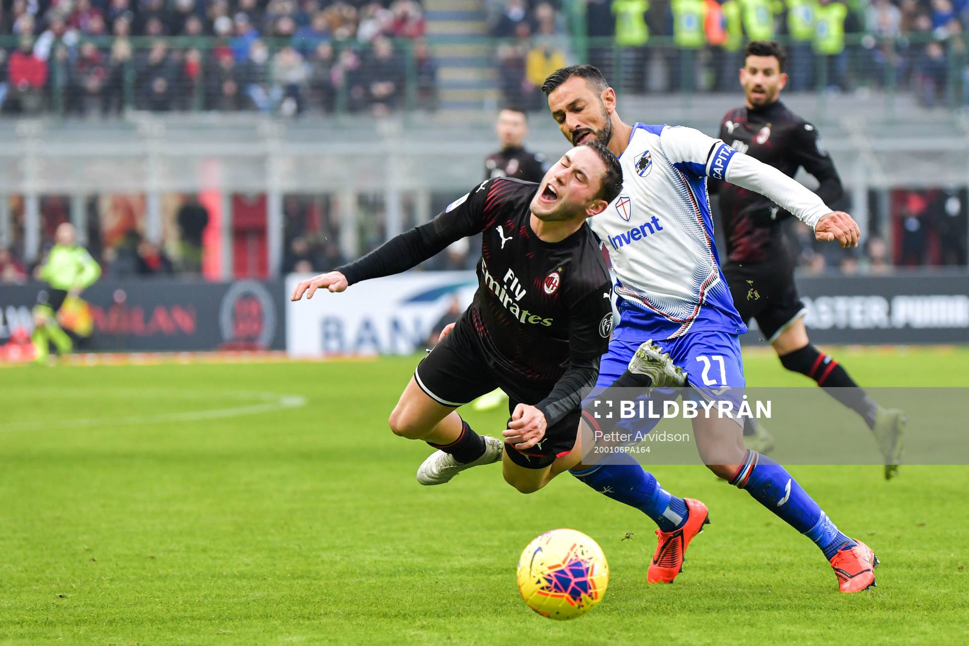 Davide Calabria of Milan and Fabio Quagliarella of Sampdoria