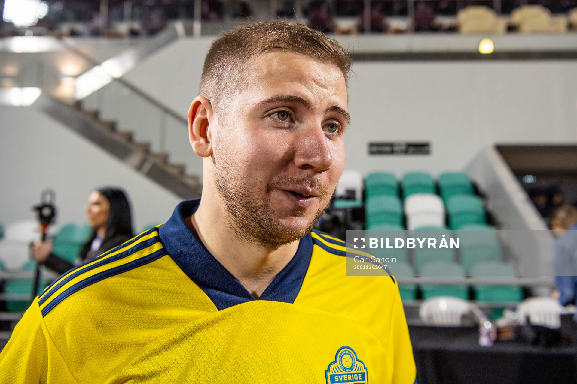 Darijan Bojanic of Sweden speaks to media after the international friendly football match between Sweden and Kosovo on January 9, 2020 in Doha.