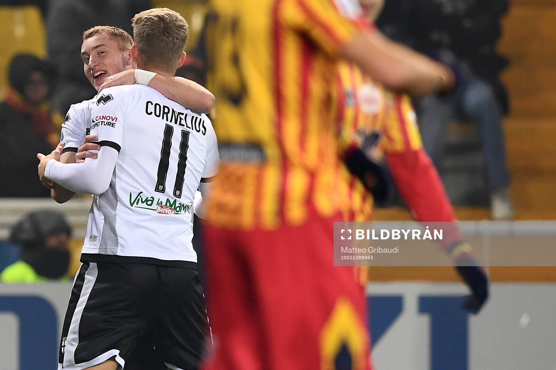 Dejan Kulusevski and Andreas Cornelius of Parma celebrate the 2-0 goal during the Serie A game between Parma and Lecce on January 13, 2020 in Parma.