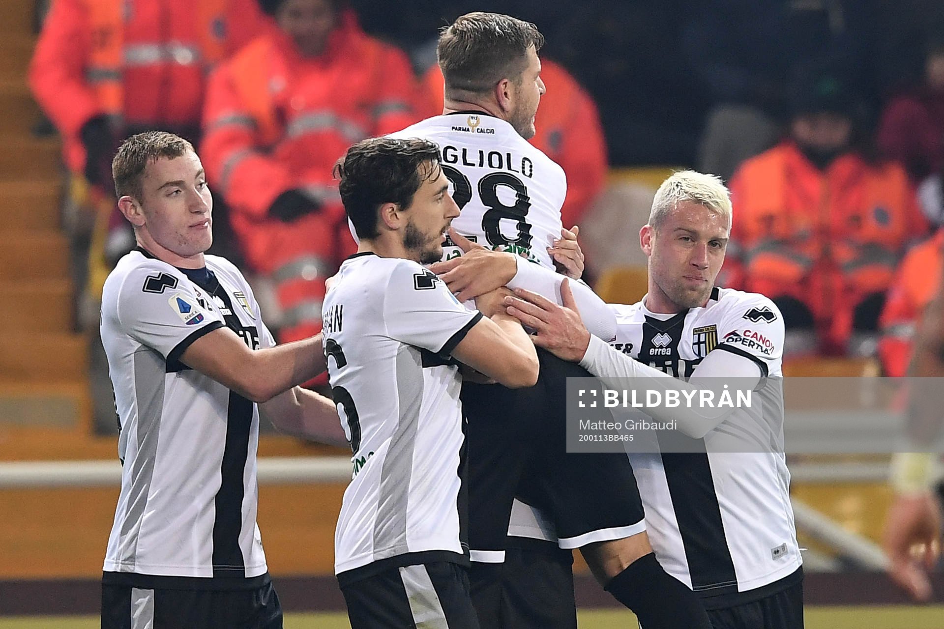 Dejan Kulusevski, Riccardo Gagliolo and Andreas Cornelius of Parma celebrate the 2-0 goal during the Serie A game between Parma and Lecce on January 13, 2020 in Parma.