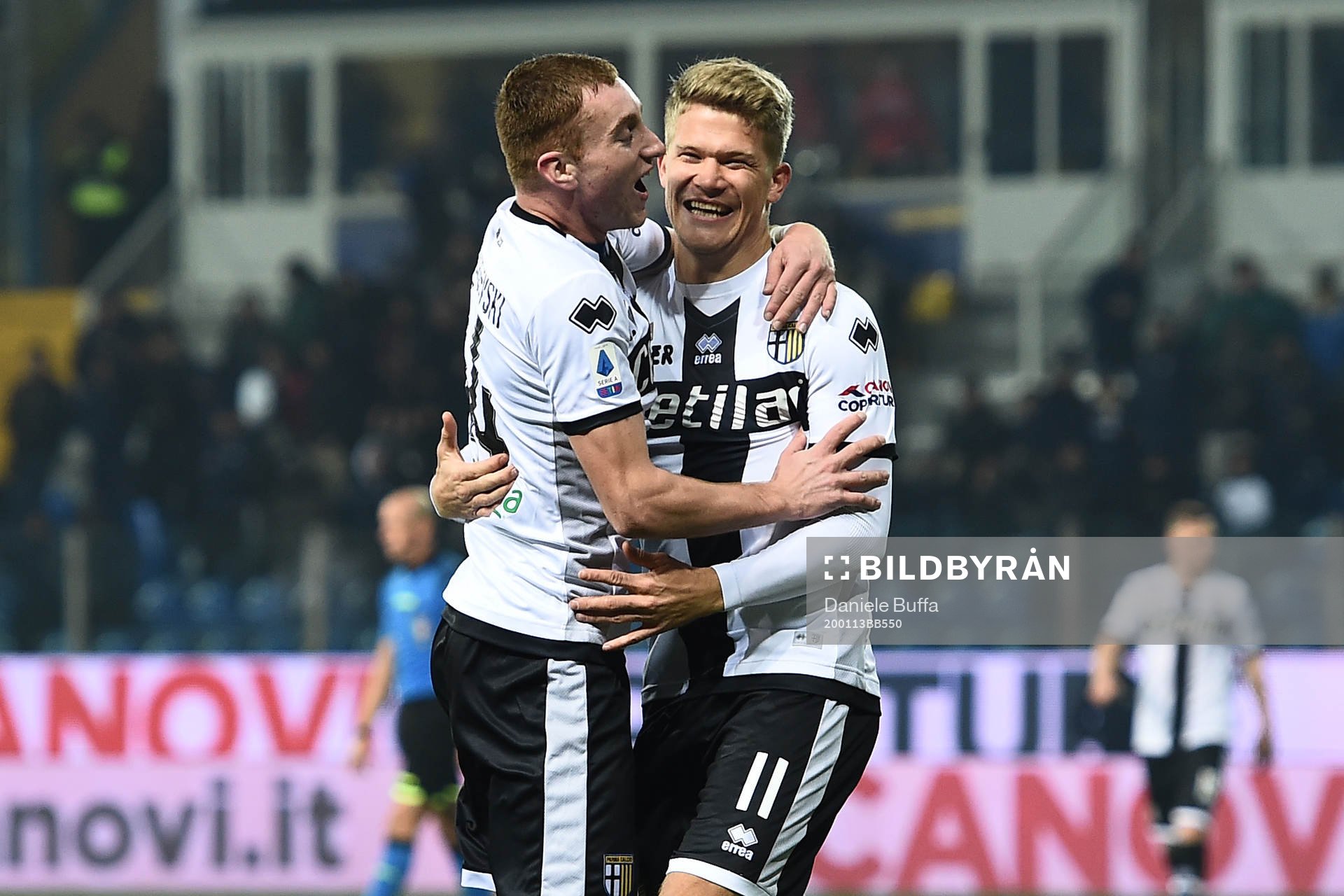 Dejan Kulusevski and Andreas Cornelius of Parma celebrate