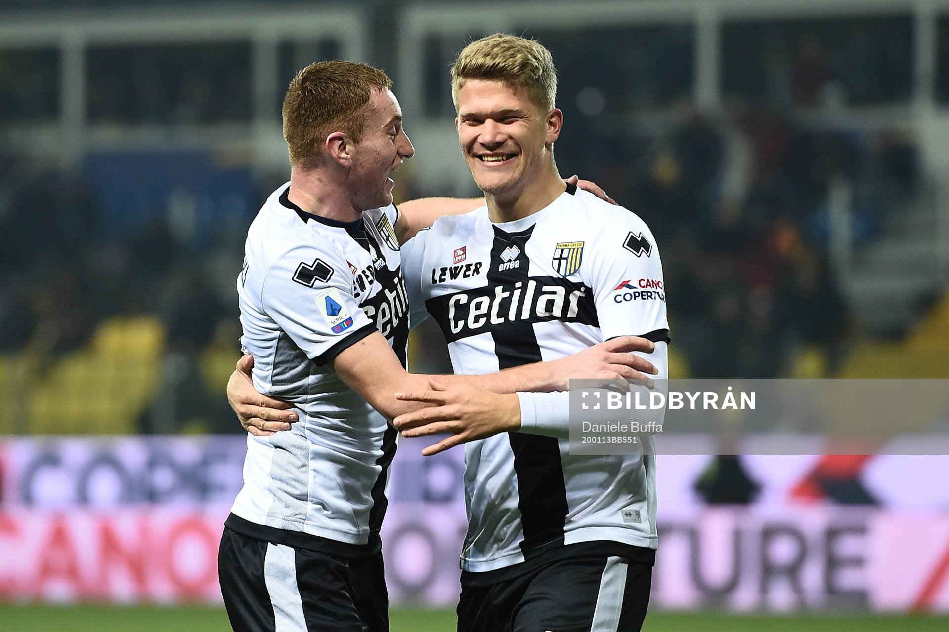 Dejan Kulusevski and Andreas Cornelius of Parma celebrate